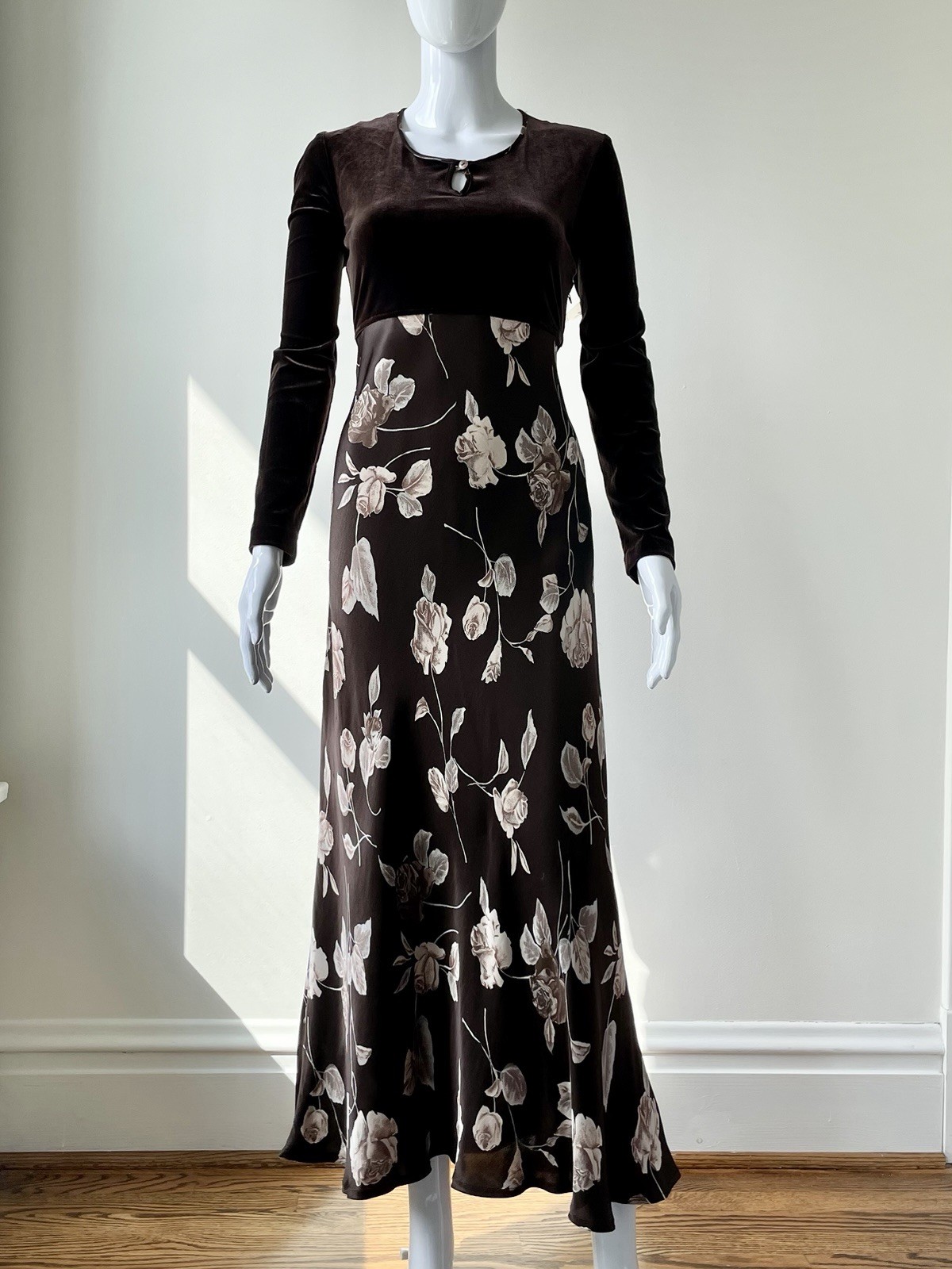 Vintage S M Dress Maxi Velour Satin Rose Floral print 90s Brown VGUC