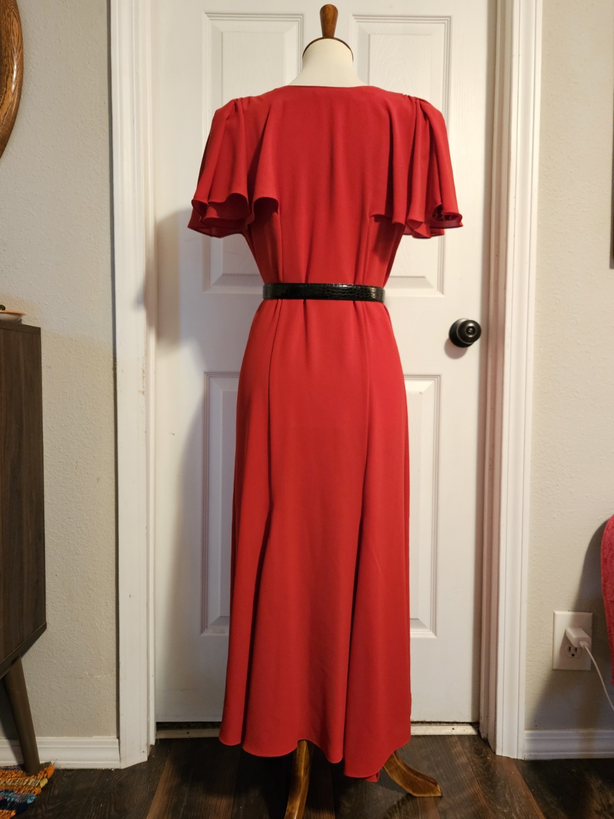 Vintage 80s Red Pierre Cardin Flutter Sleeve Button Front Midi Dress Size 6