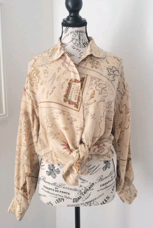 Vintage Linda Allard For Ellen Tracy 100% Silk Blouse Maps Print Size 6 Petite