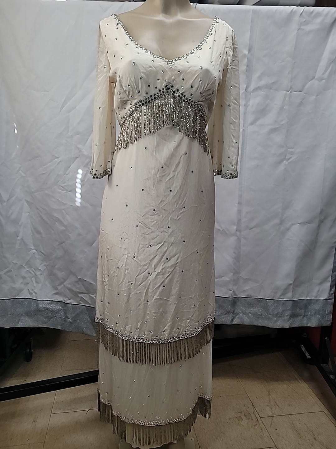 Vintage Cream Colored Dress Studded With Rhinestones And Glass Fringe Beads