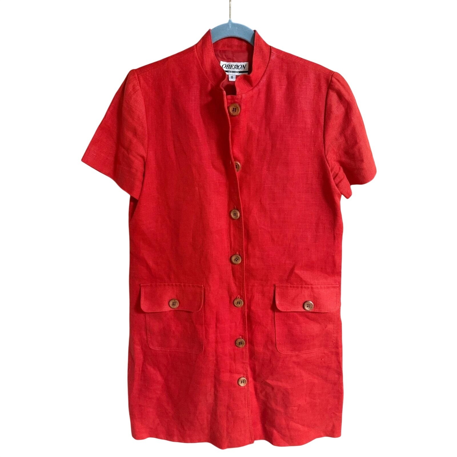 Oberon New York Vintage Red Linen Button Front Shift Dress Mandarin Collar 8