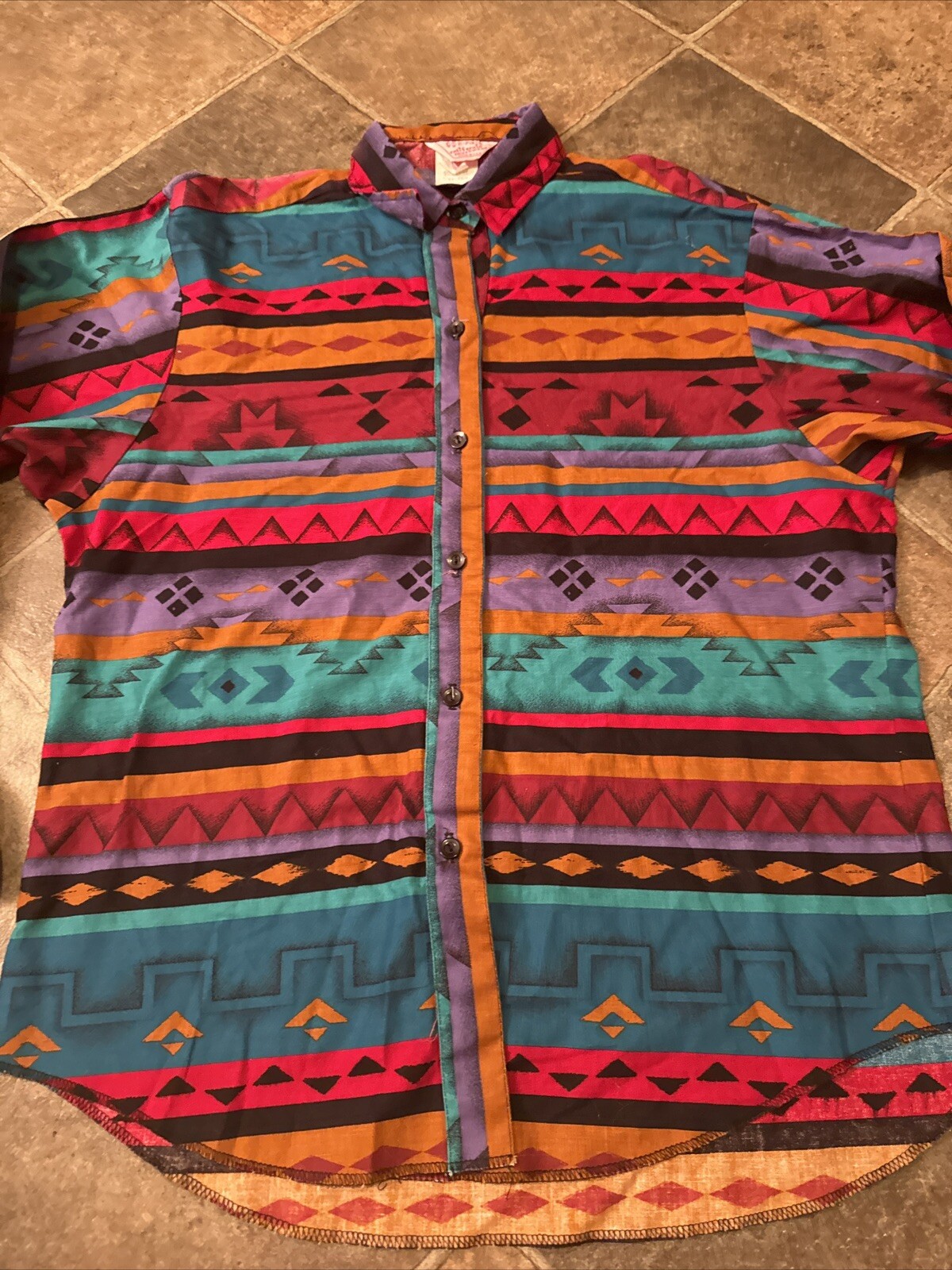 Vintage H Bar C Shirt Womens California Ranchwear Aztec Colorful Sz 12/36 USA