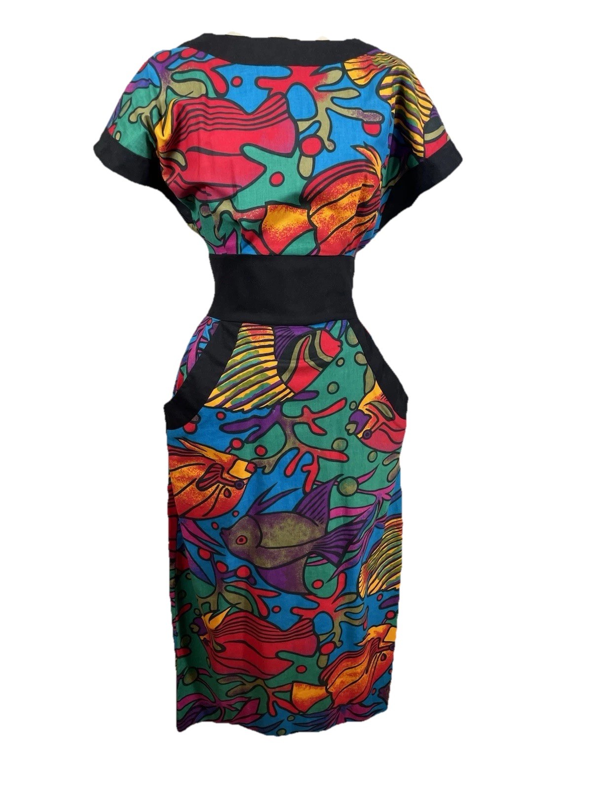 Leslie Lucks Vintage 80s Dress size 8 Cotton Midi Fish Tropical Multicolor Bold