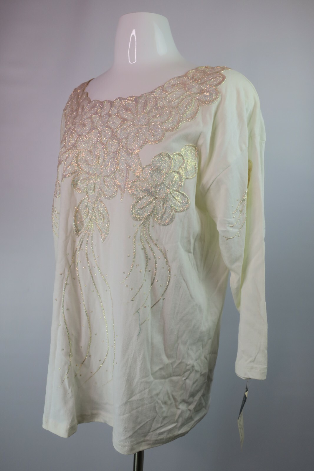 VTG 80s 3D Iridescent Ivory Glitter Embellished Top Floral OS Blouse NWT Facade