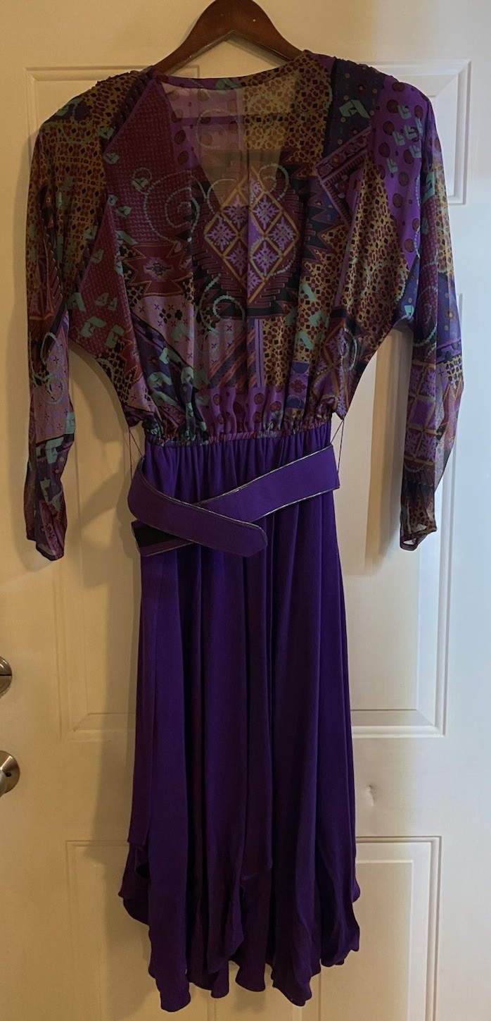 Vintage Spencer Alexis Purple Dress with Belt Geometric Print Sheer Womens 8