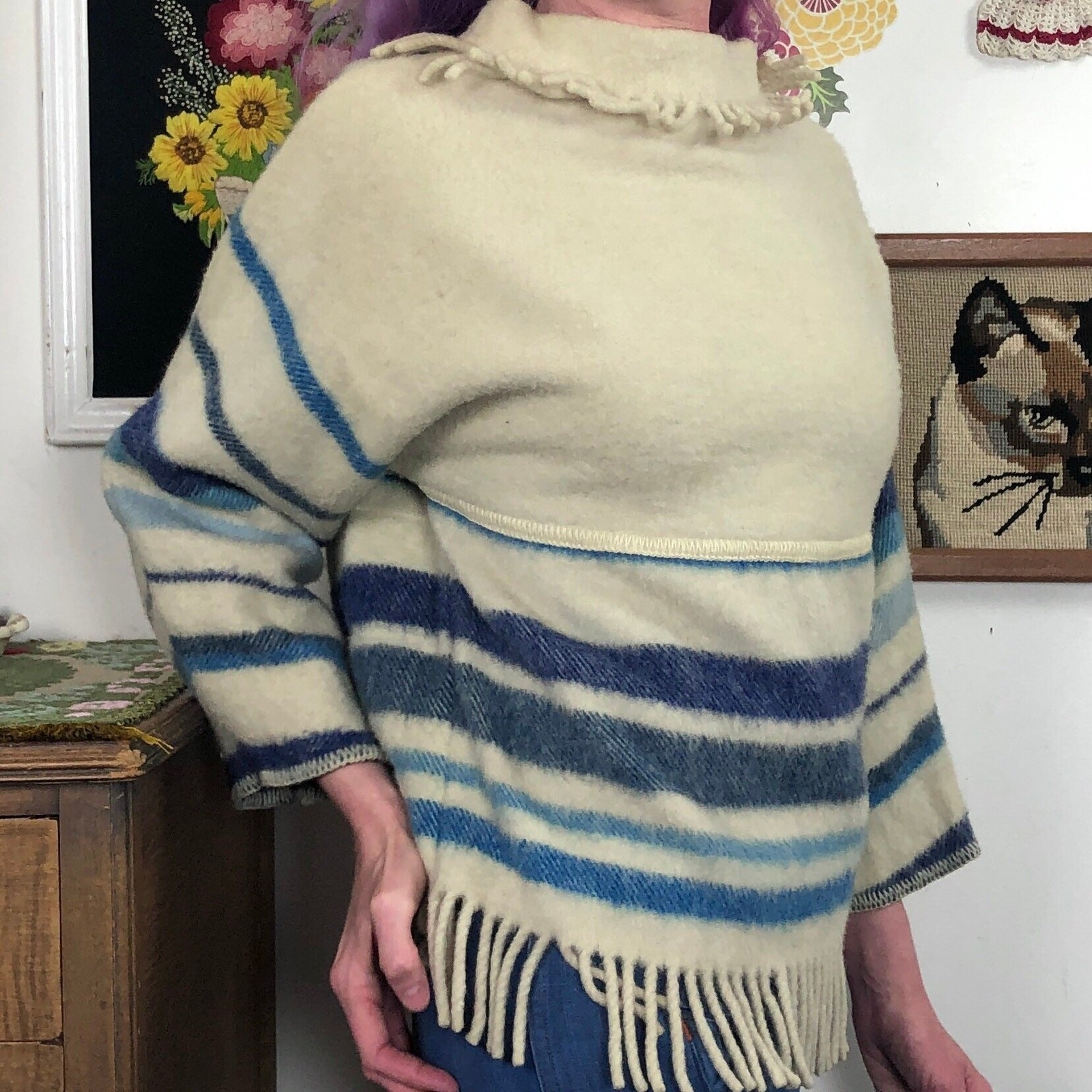 Vintage Lapp Lander Blanket Sweater, 70s Cream & Blue Fringed Wool Mockneck Sz S