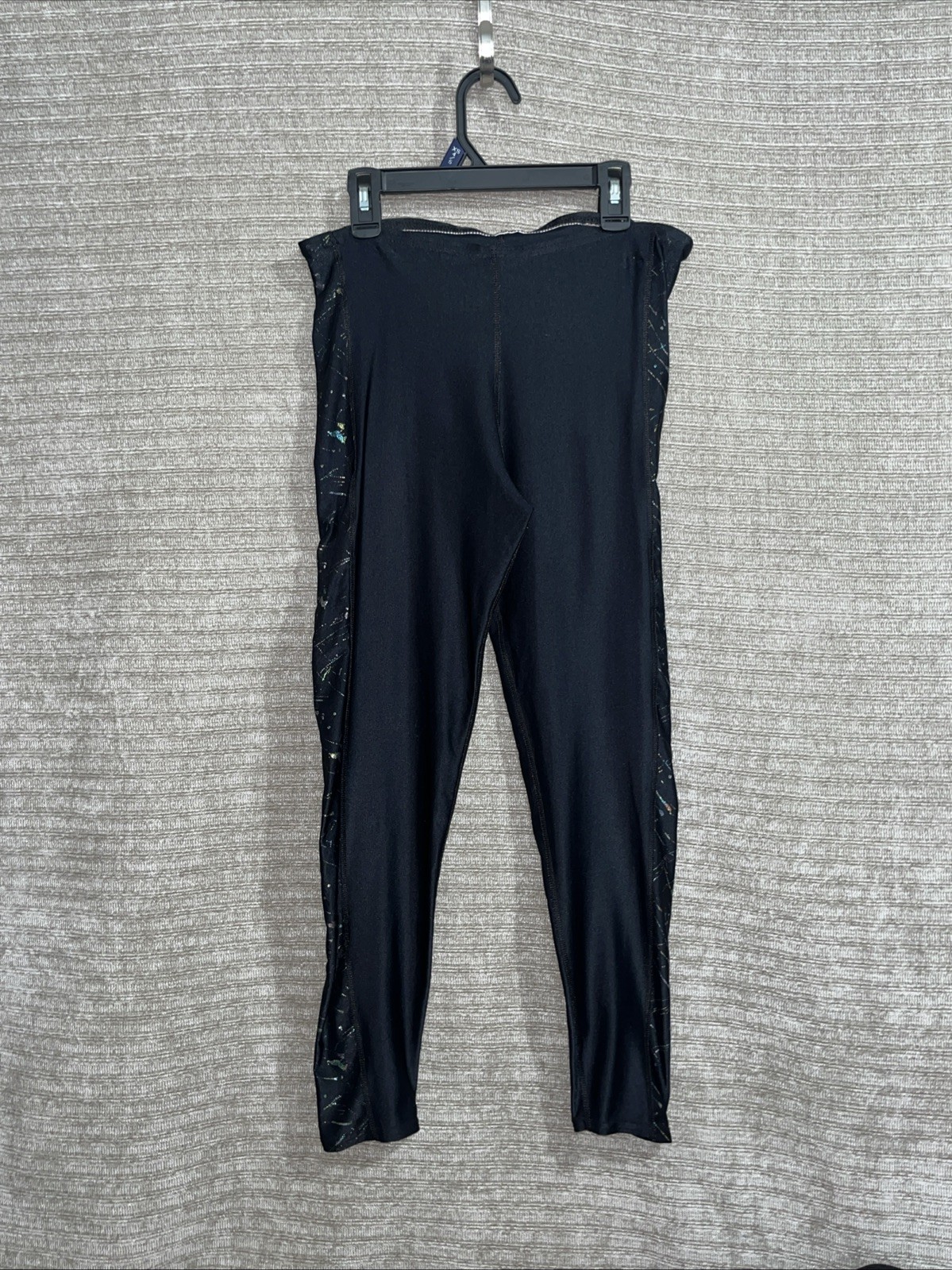 Vintage Black Satin Glitter Shiny Spandex Tight Disco Pants Dance High Waist M .