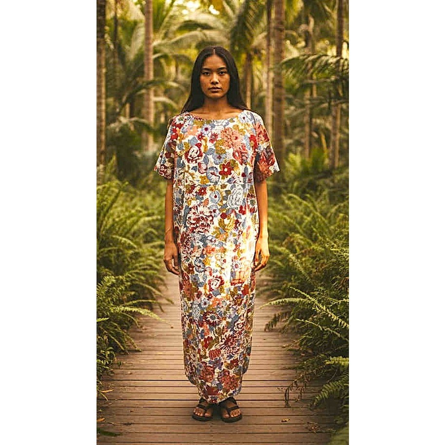 Vintage 1970s Made in Hawaii 100% Cotton Long Floral Maxi Dress M Cold Shoulder