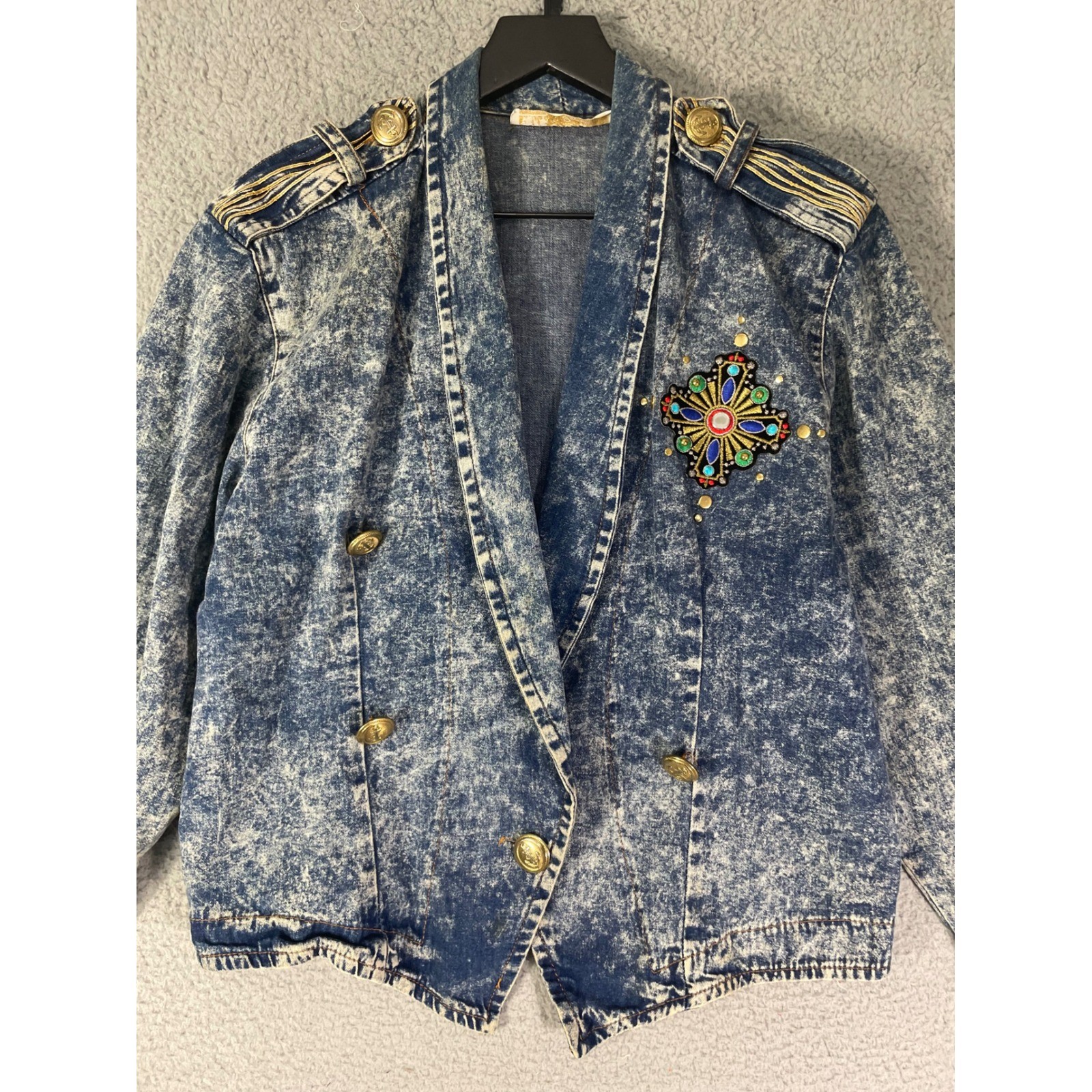 Vintage Acid Wash Denim Jacket Womens Small Military Embroidered 80s Crop