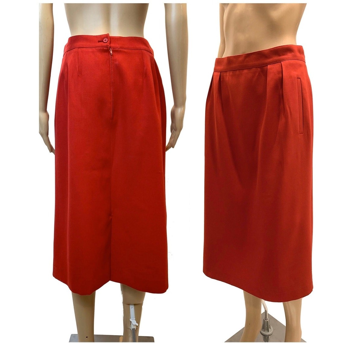 Vintage Ted Lapidus Brick Red Wool Midi Skirt France Straight Lined W 29.5″