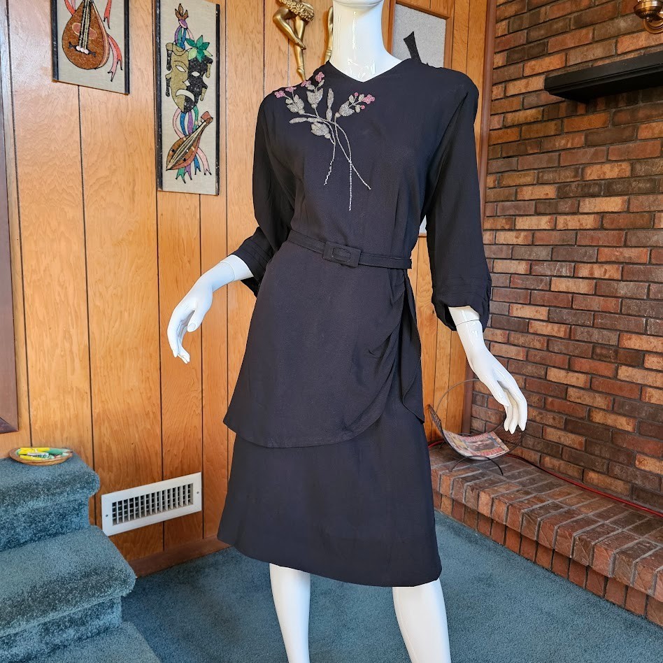 Vtg 1940s Film Noir Volup Beaded Art Deco Floral Black Cocktail Party Dress L/XL