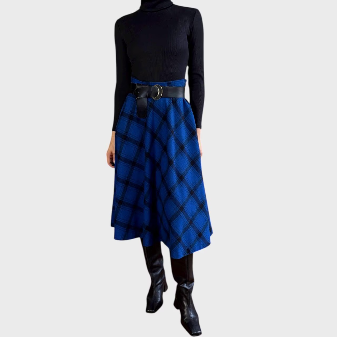 Vintage 90s Blue Plaid Wool Blend Midi Skirt | High Waist A-Line size US8/ EU40