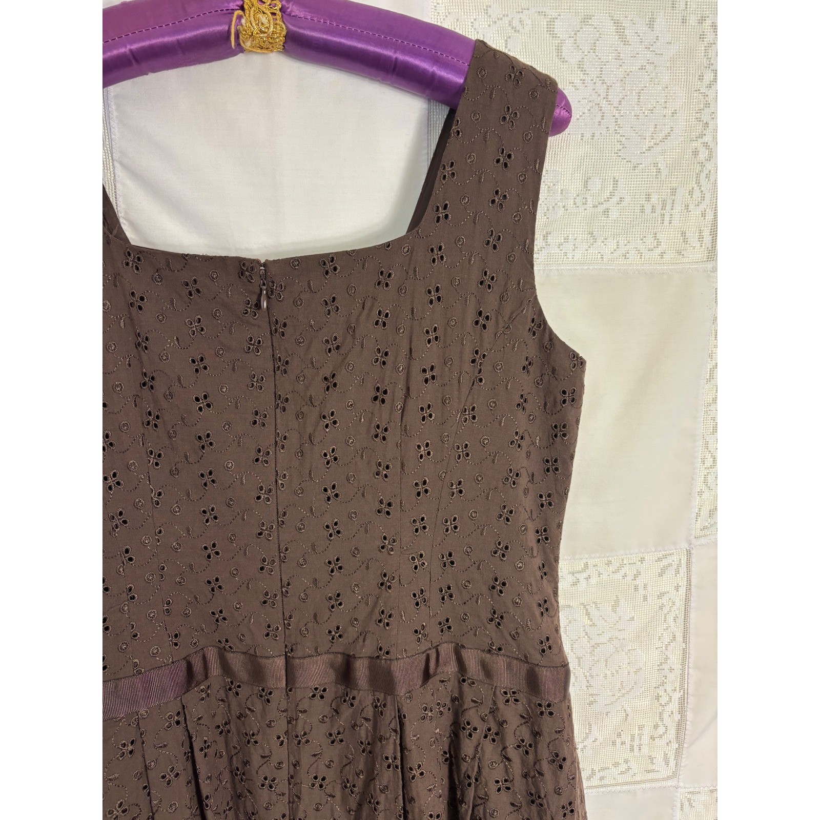 VTG Brown Cottage Twee Bow Front Babydoll Cotton Eyelet Midi Dress Size XL