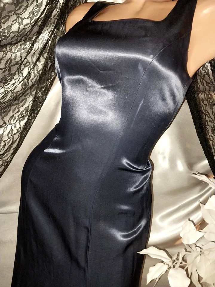 VTG SATIN SHINY RAYON DEEP BLUE SQUARE NECK MAXI DRESS JAZZ DECO CAGE BACK 5/6