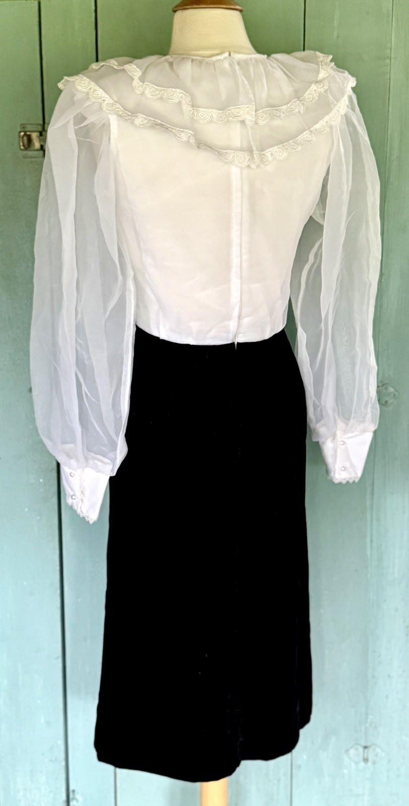 VTG Black Velvet White Organza Dress Straight Skirt Puff Slv Sailor Ruffle 7-8