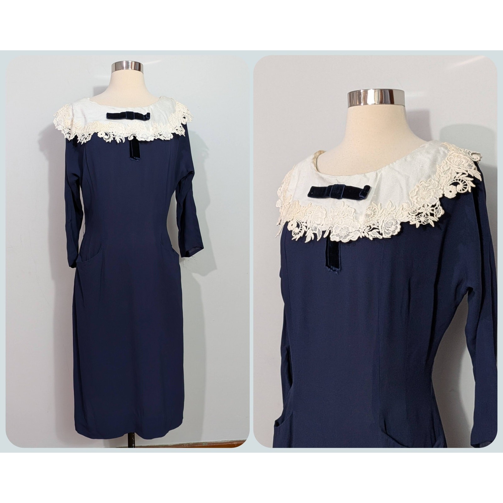 Blue Wiggle Dress with Tatted Lace Collar