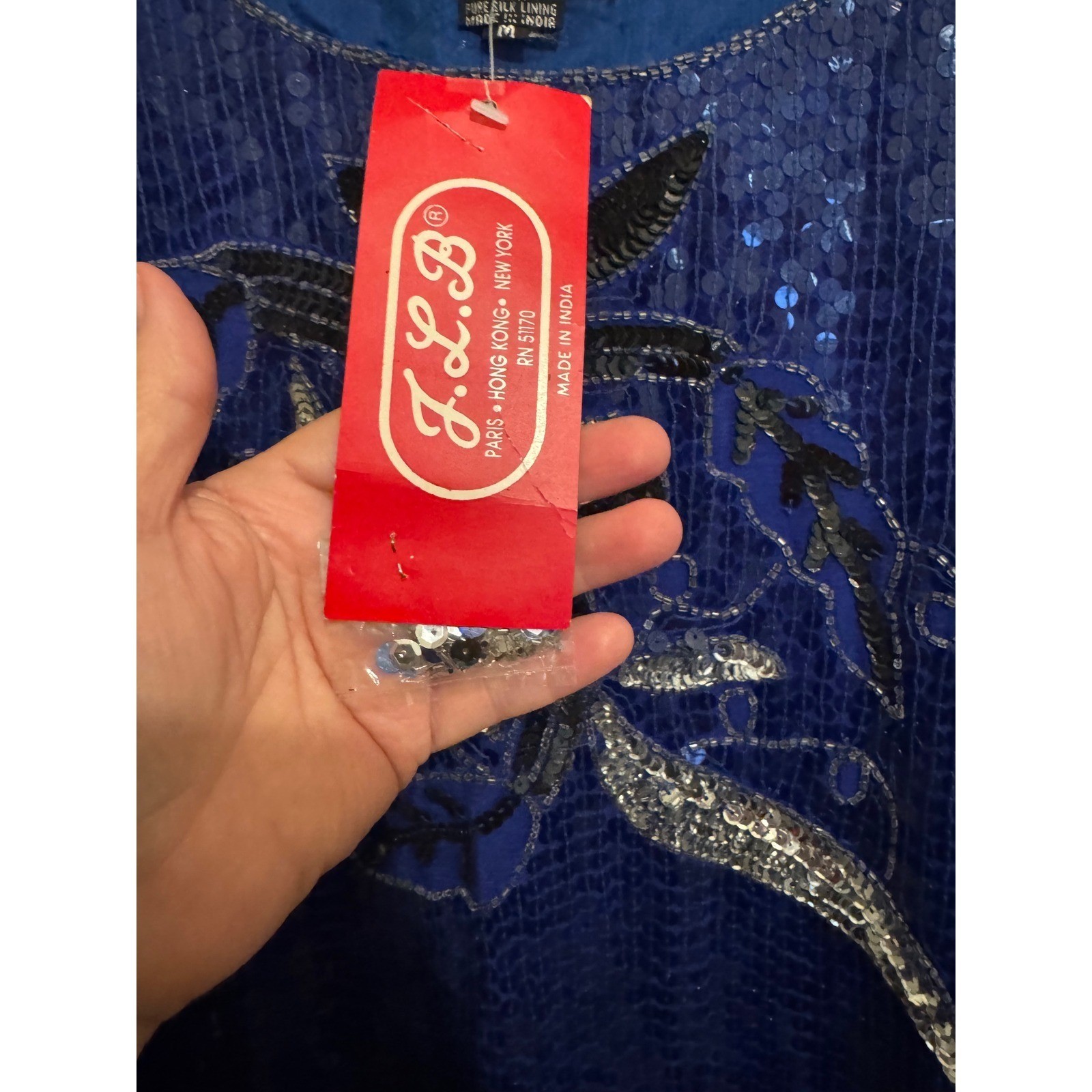 NEW Sequin Blouse Women’s Medium Blue Silk Top Deadstock Vintage Glam Sparkle