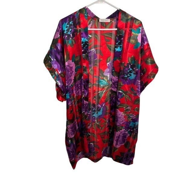 Vintage Lucie Ann II Women’s Size Small Robe Red Purple Floral Sheer Stripe 1502