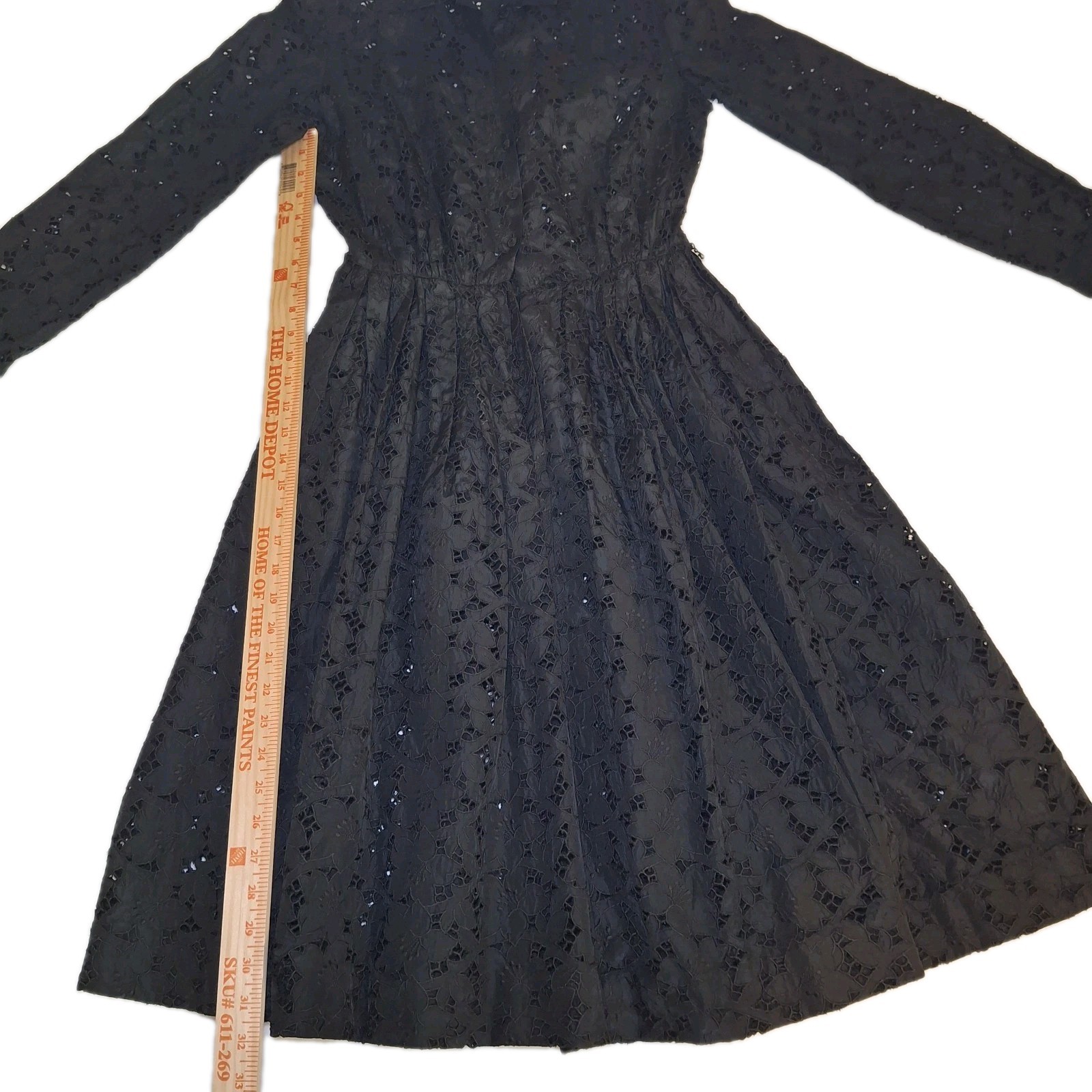 Vintage Black AFL CIO Union Made Lace Dress Classic Cinched Waist Flared Skirt