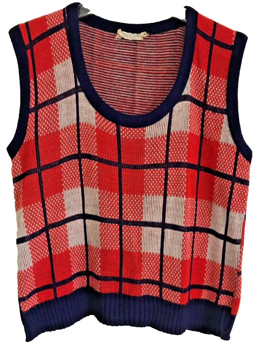 Vintage plaid Sweater Vest Top Red, White, Blue Acrylic L Classic Red Layer