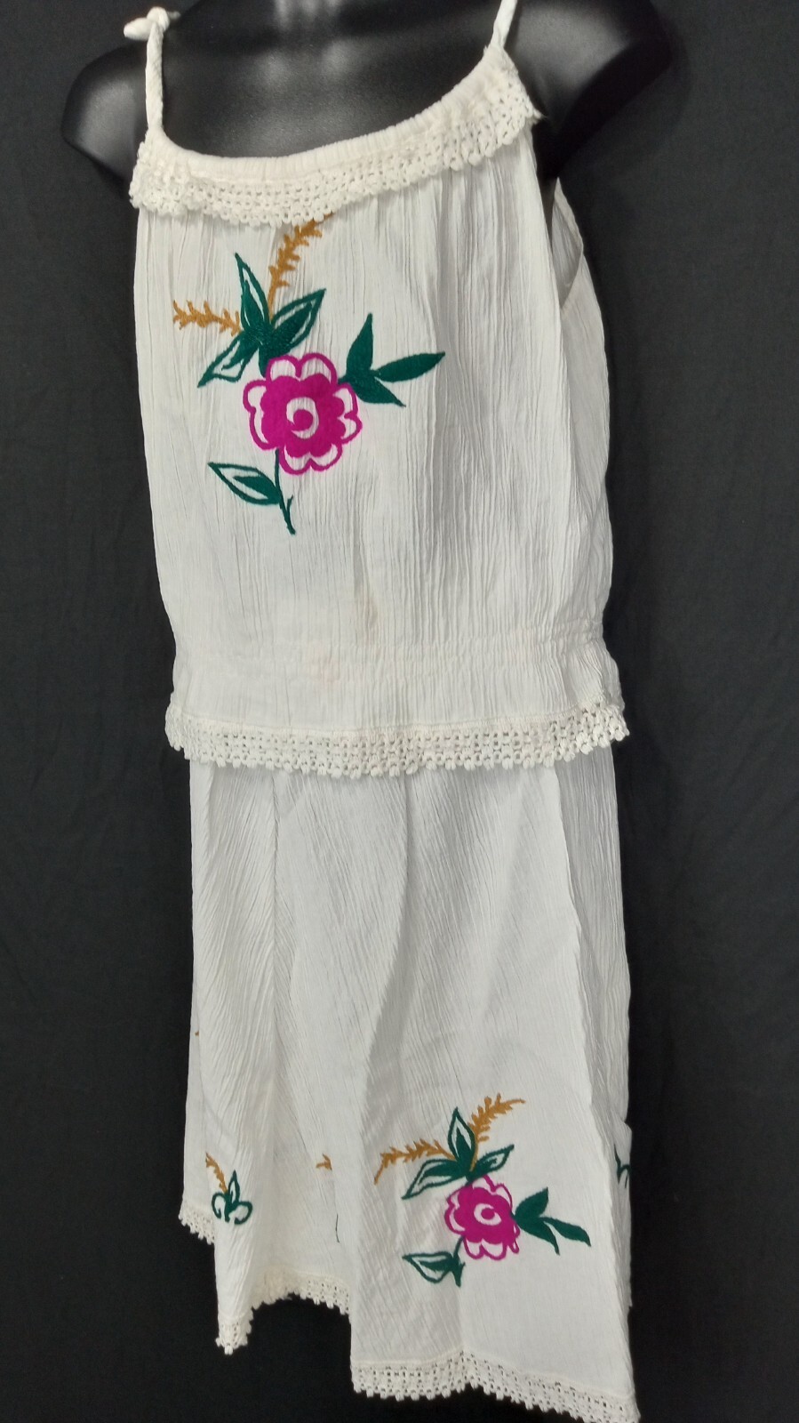 Mediterranean VTG Embroidered Floral & Fringes Women’s Outfit skirt top scarf