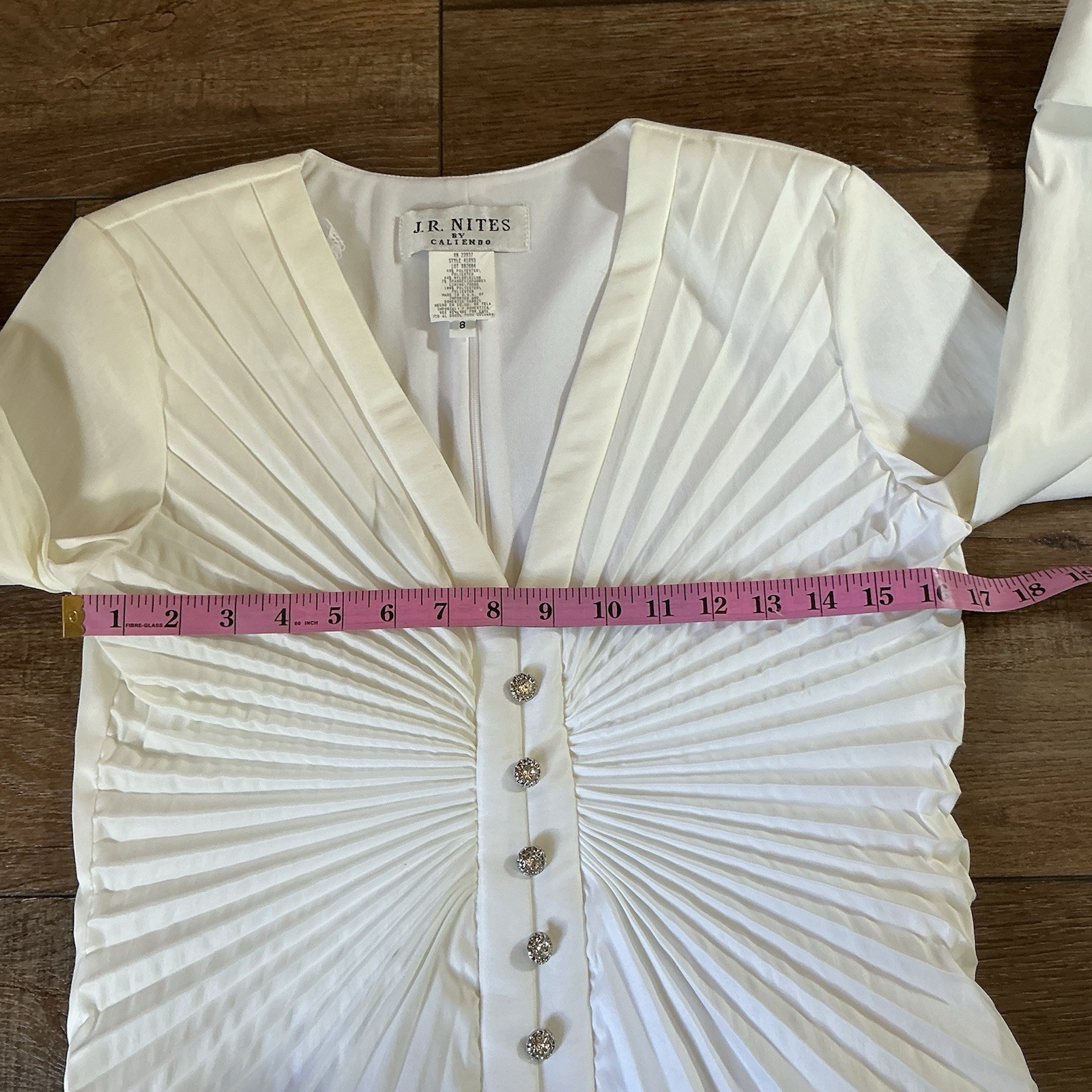 VINTAGE Size 8 – JR Nites Pleated White Blouse Rhinestone Buttons USA Made 34708