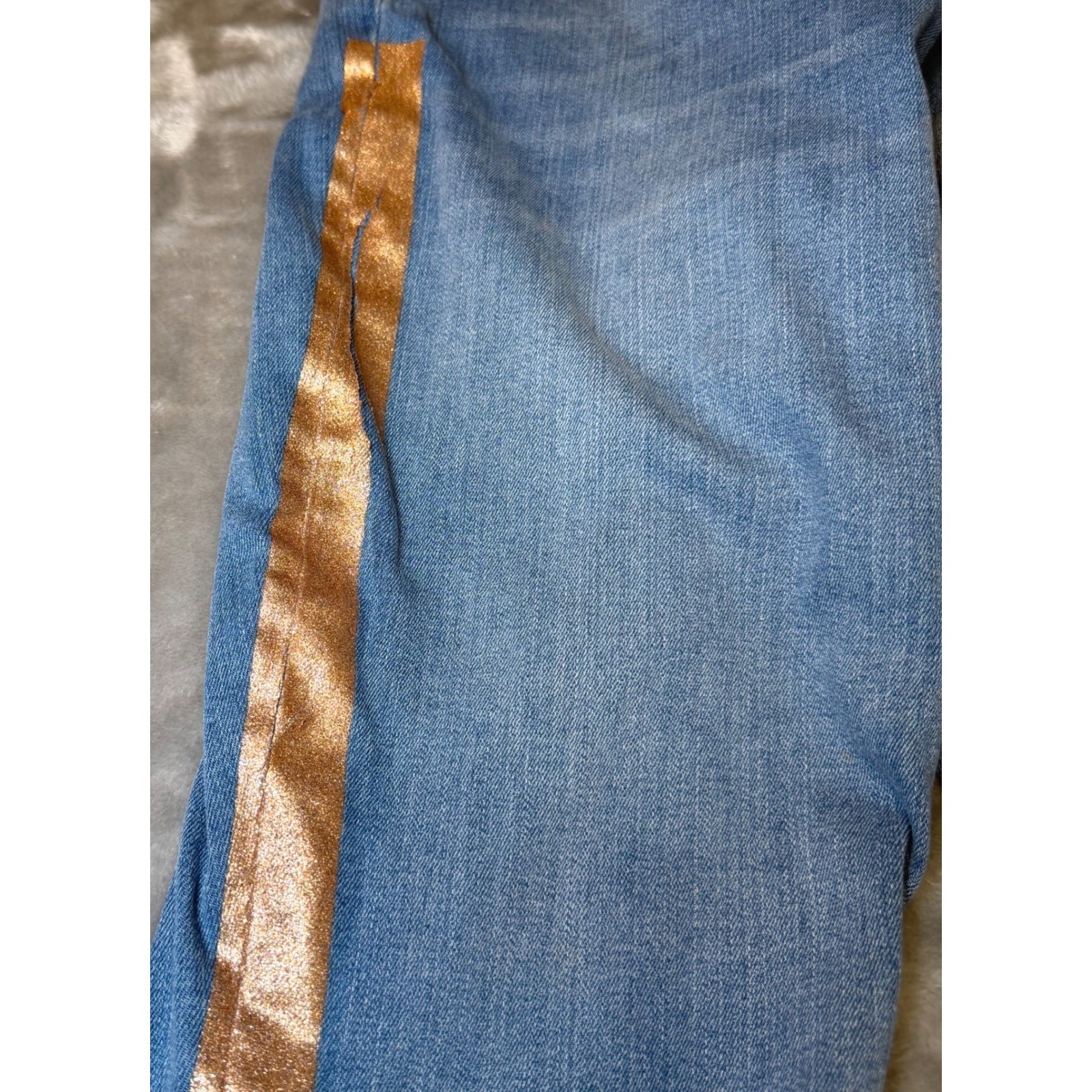Gap 1969 Womens Size 32R True Skinny Ankle Jeans Blue Denim Gold Metallic Stripe