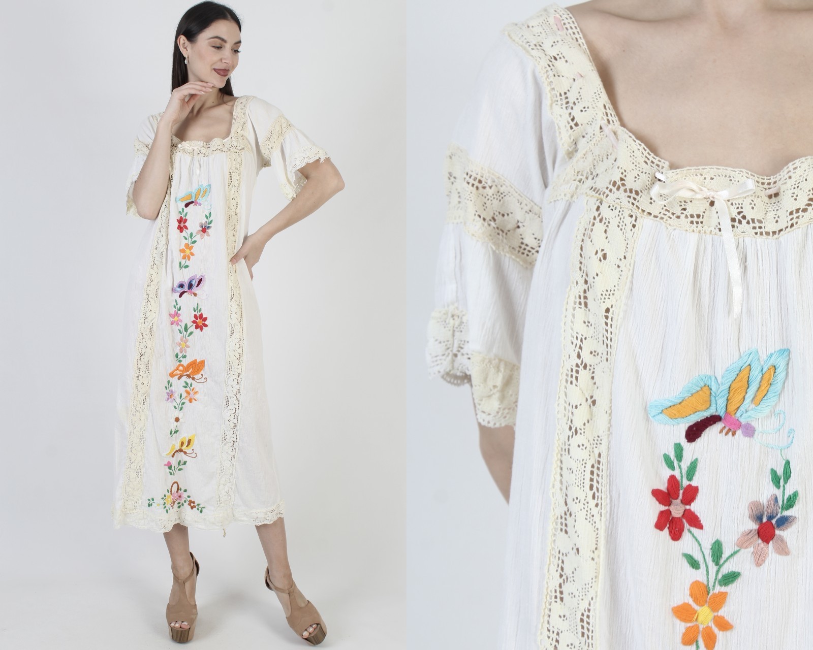 Vtg White Cotton Mexican Dress Embroidered Butterfly Puebla Boho Sundress Kaftan