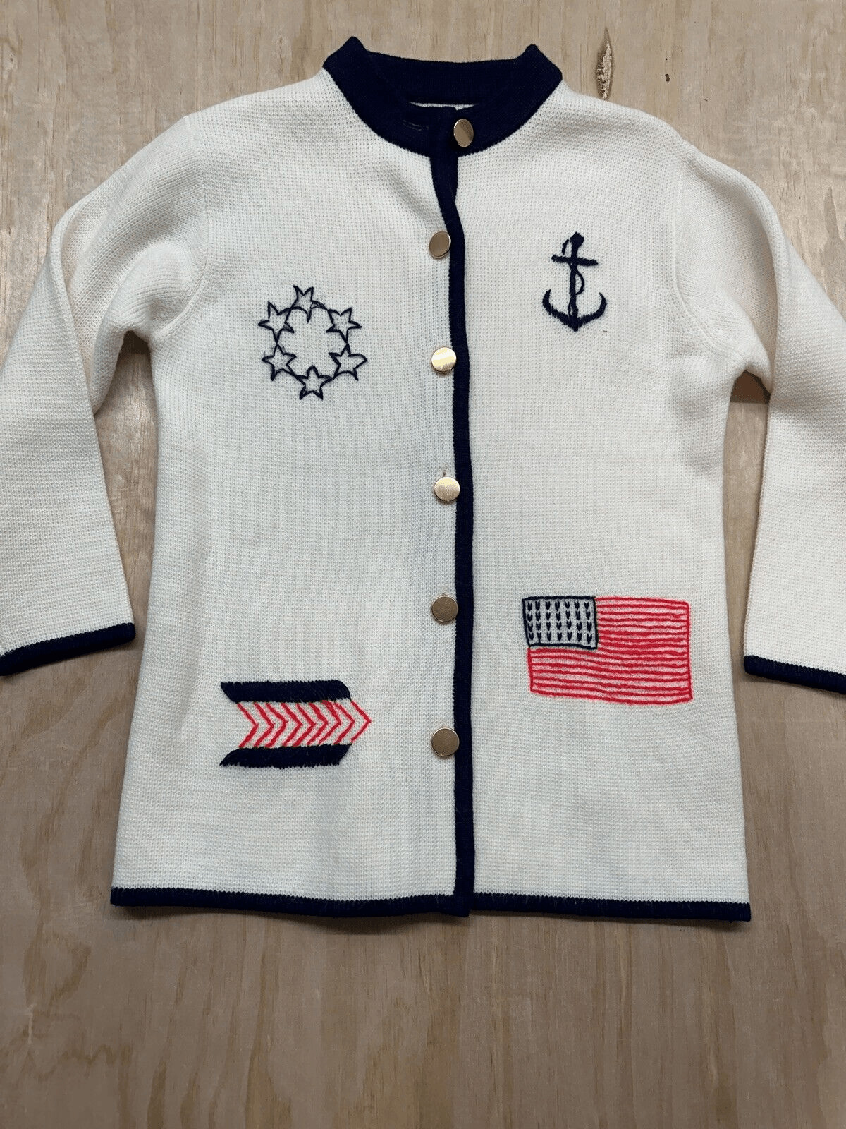VTG 60s Ivory Wool Navy Trim Gold Button Cardigan w Sailing Boating Embroidery S