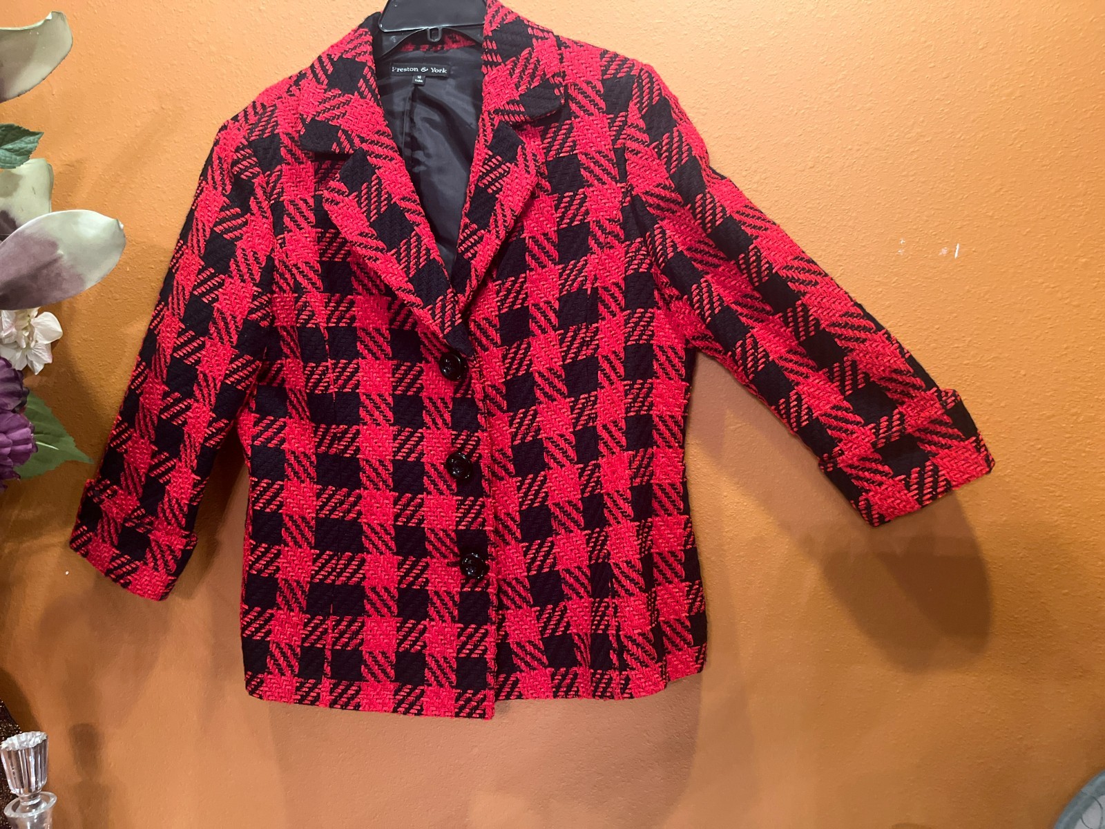 Preston & York Red & Black Plaid Wool Blazer | Cuffed Sleeve | Size 14 | Profess