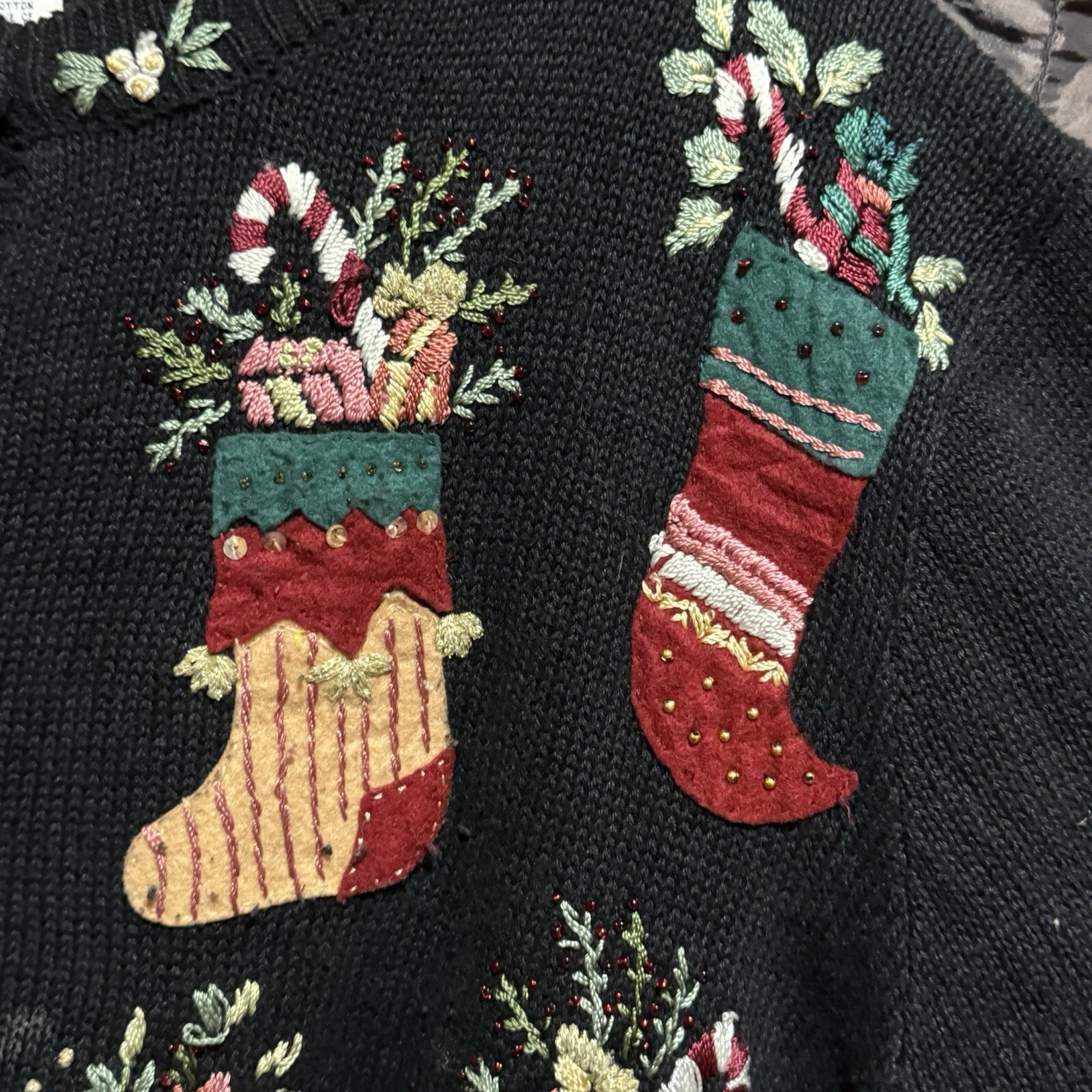 Stitches In Time Cardigan Sweater Stockings Holiday Christmas Black Size 1X Vtg