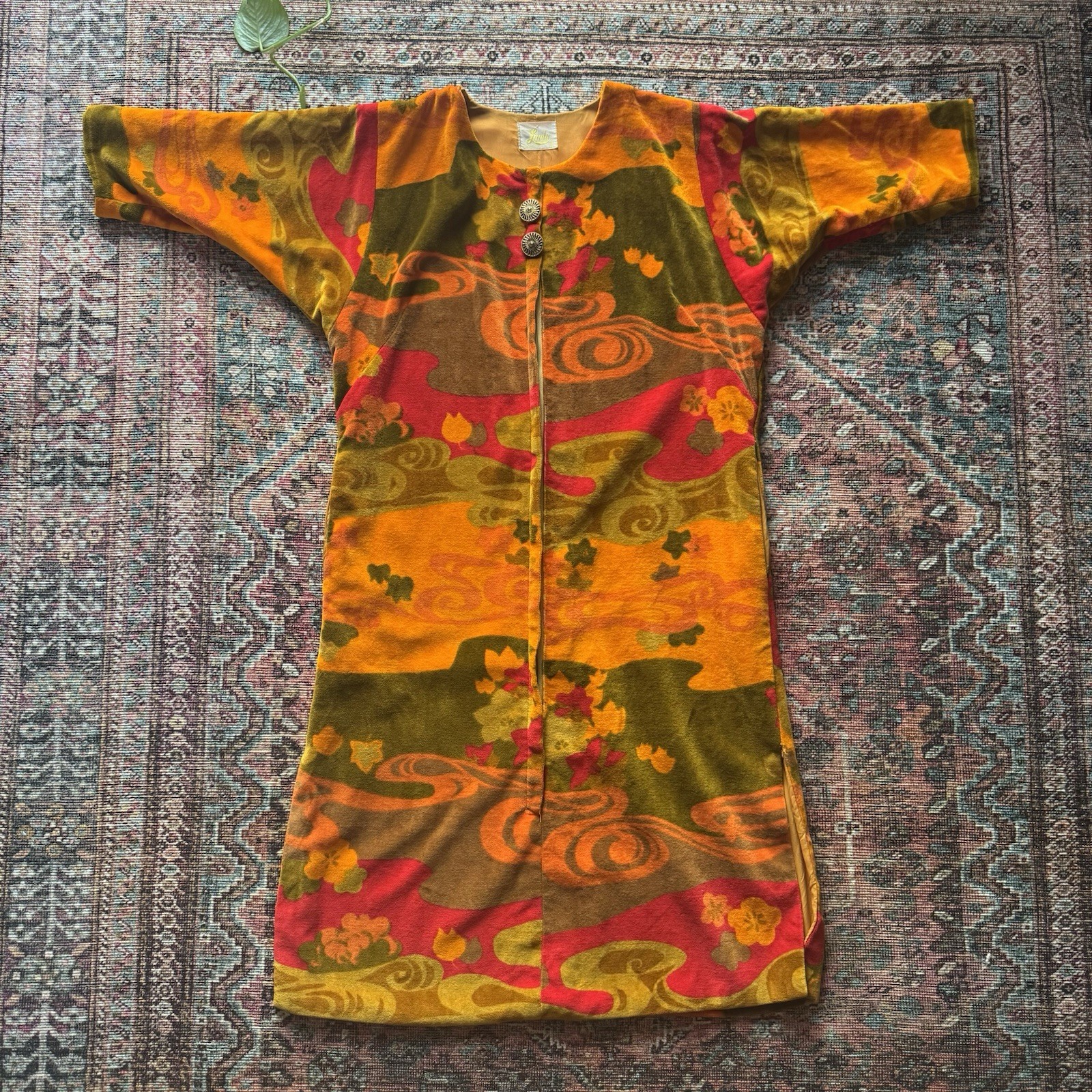 1960s Vintage Psychedelic Velour Dress Mod Mid Length Sleeve house Coat Dress