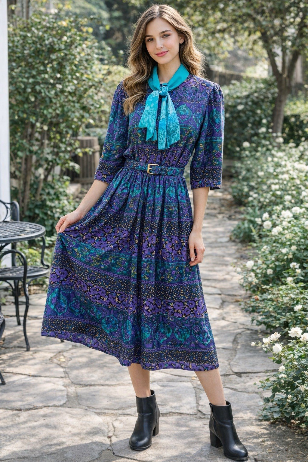 VTG 80’s Serbin of Florida Teal Purple Floral Hostess Artwear Boho Dress HH42