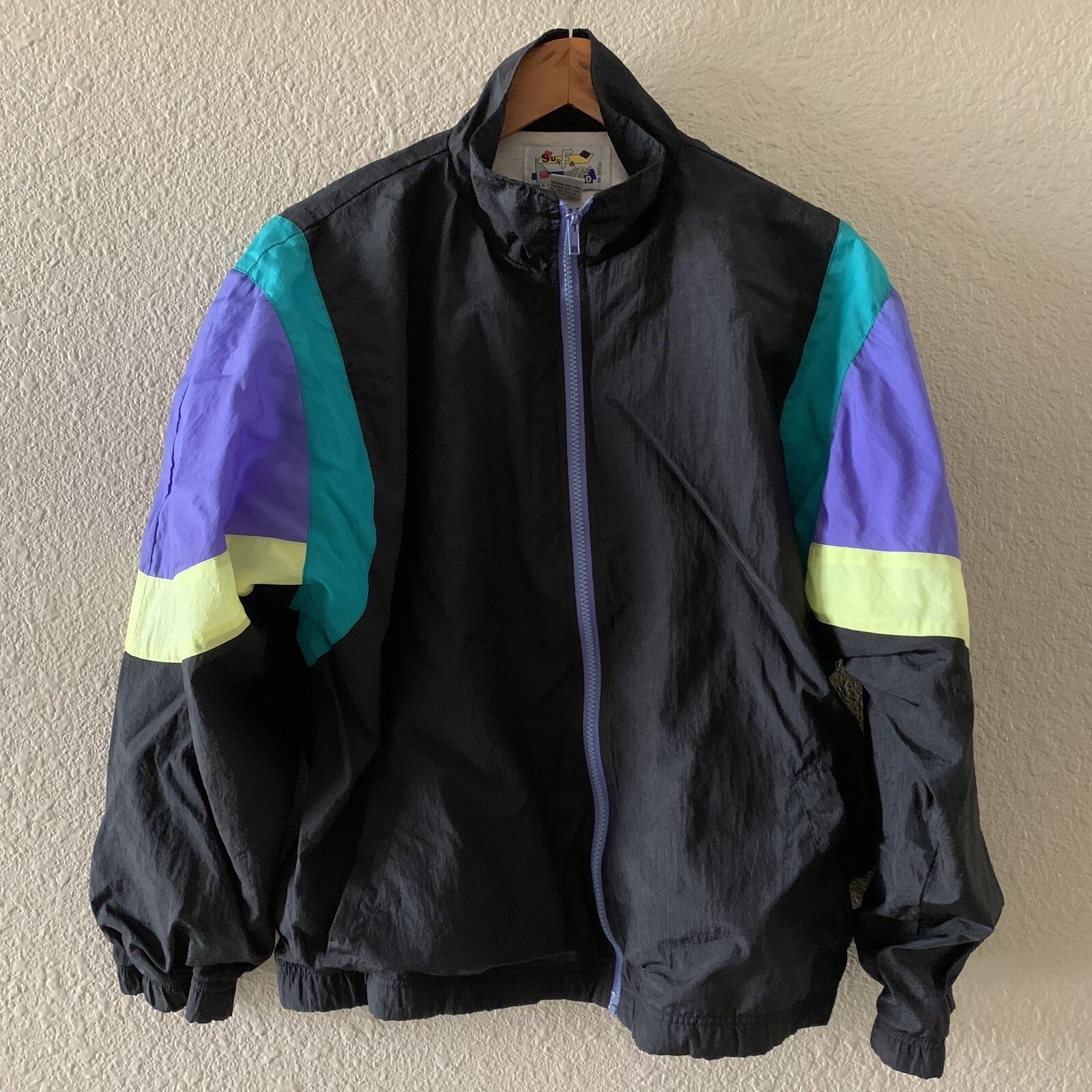 Surf & Co Vintage Women’s Medium 80’s 90’s Black Zip Windbreaker Track Jacket