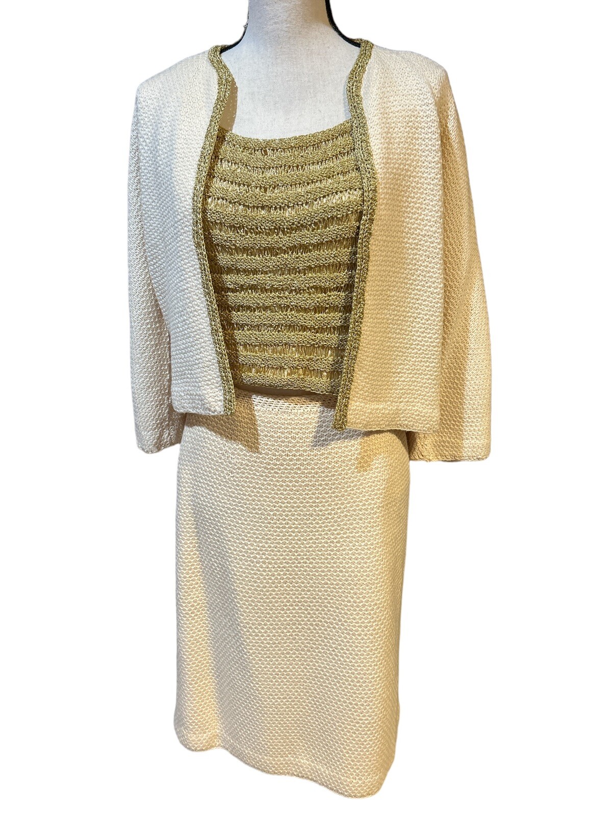 Vtg THE KNITTING NEEDLE Handmade Knit Sweater Set Cream/Gold Classy Designer