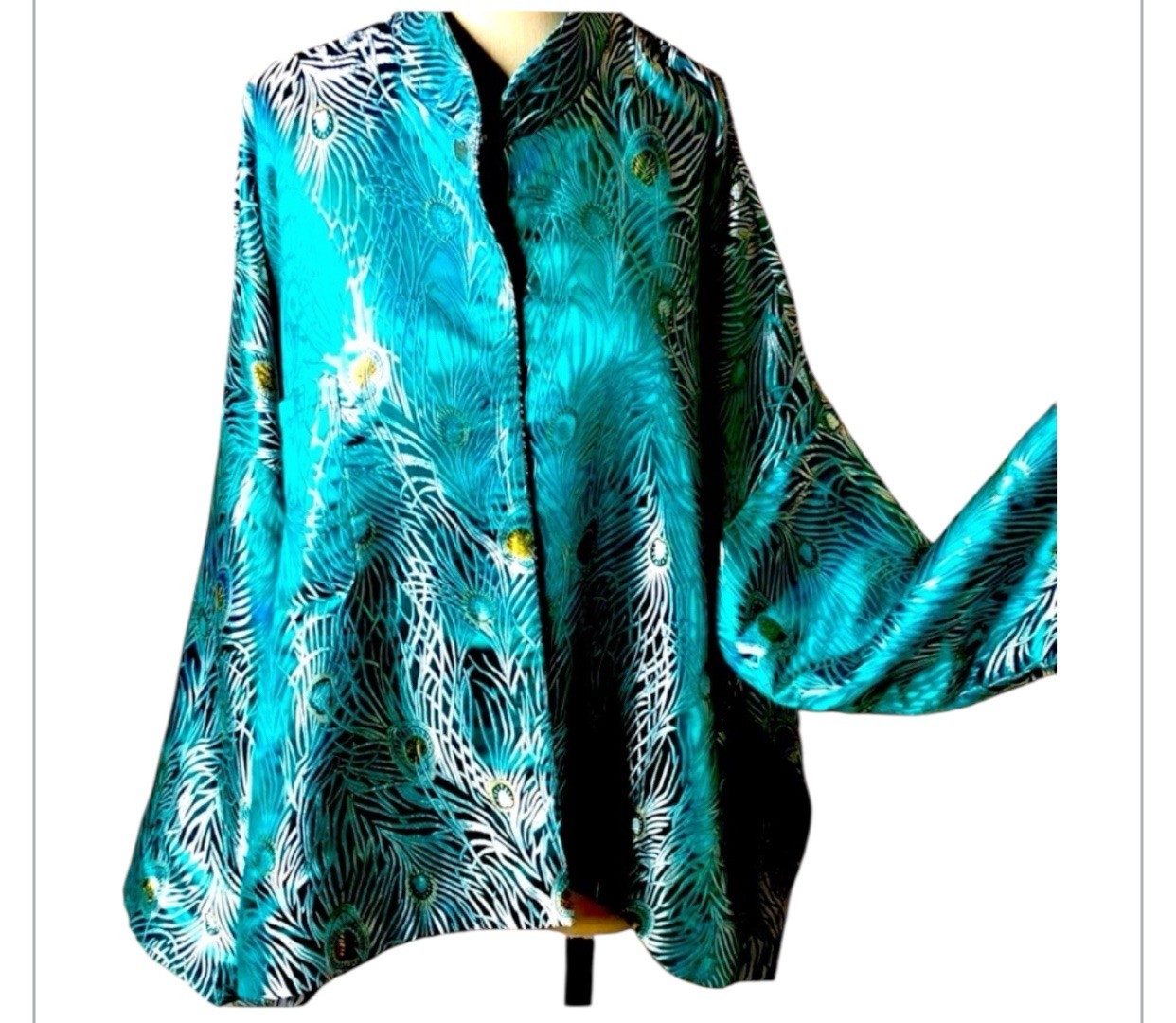 Vintage Rising Phoenix Silk Blouse I 1980s 1990s Teal Peacock KimonoStyle Top L