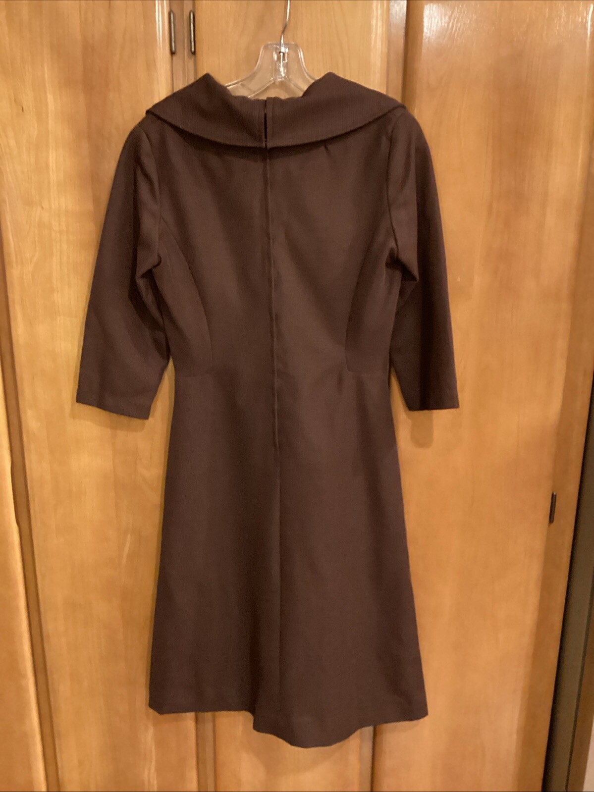 1970s Women’s Handmade Dress Sz S Brown Polyester A-Line Wide Collar Midi