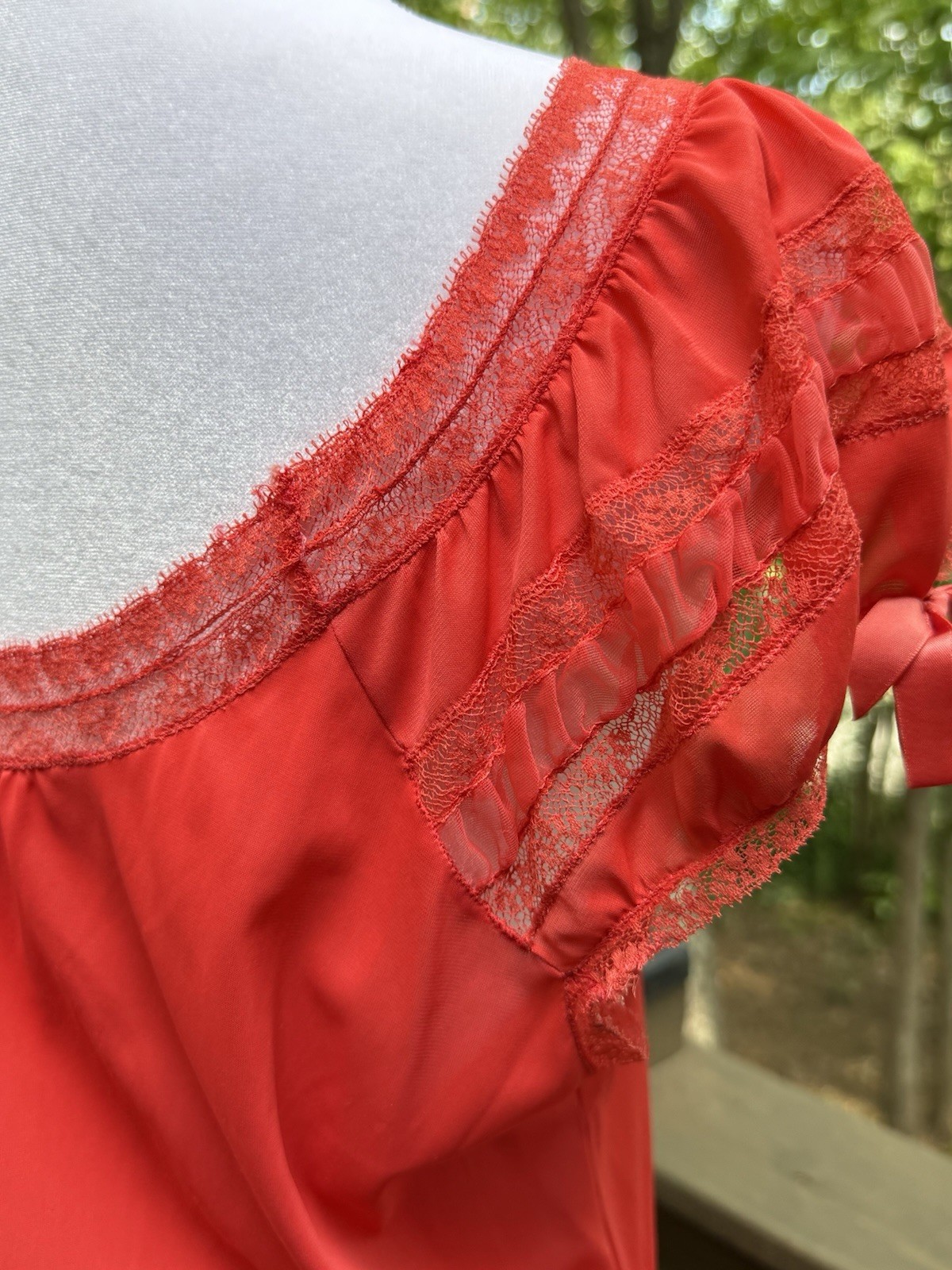 Vtg 60s Nightgown Chiffon Pleat Maxi Empire Goddess Siren Red Lace Nylon M 36 38