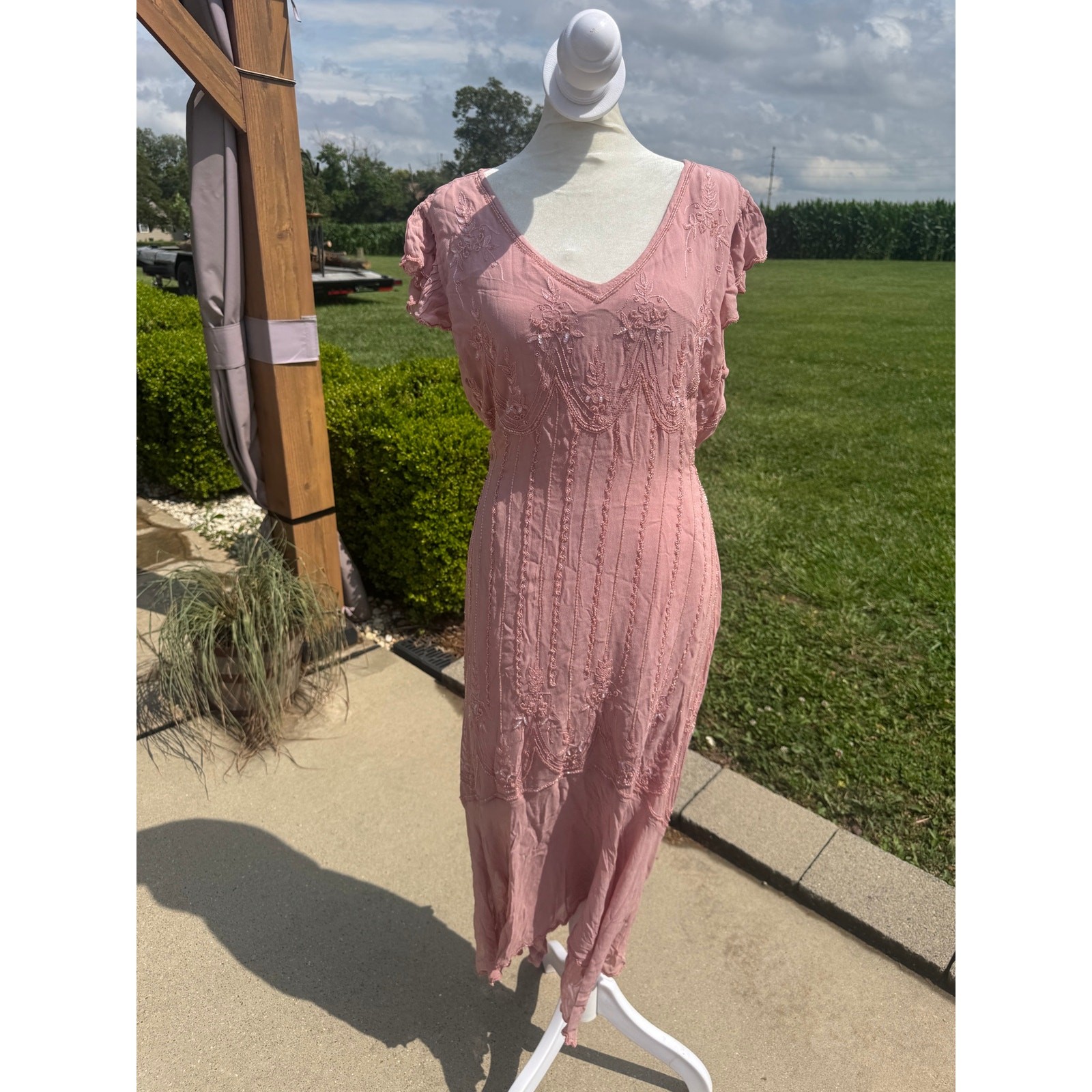 Vtg Y2K Papillon Dress L Pink Beaded Sequin Flutter Sleeve Midi Handkerchief