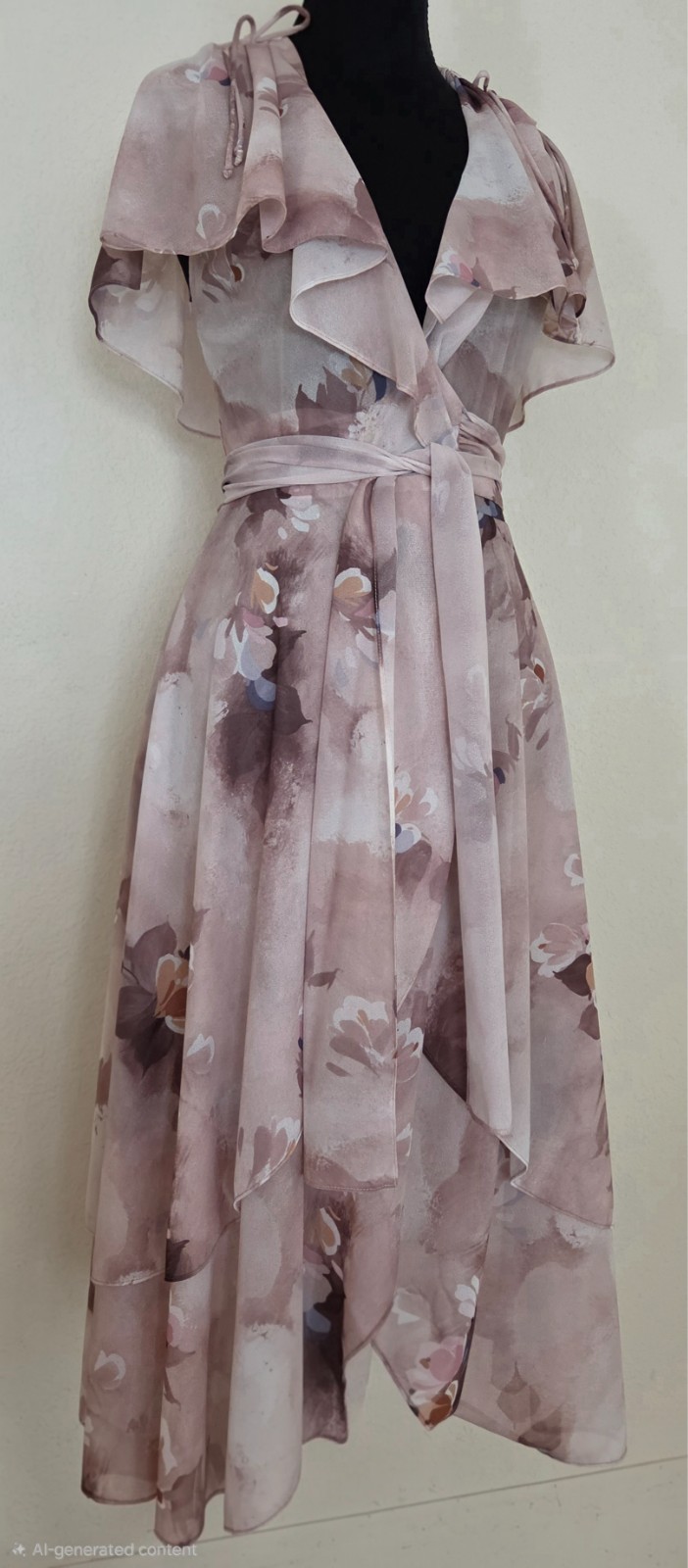 Vintage 1970’s Joseph Magnin Floral Wrap Layered Dress with Tie Cap Sleeves