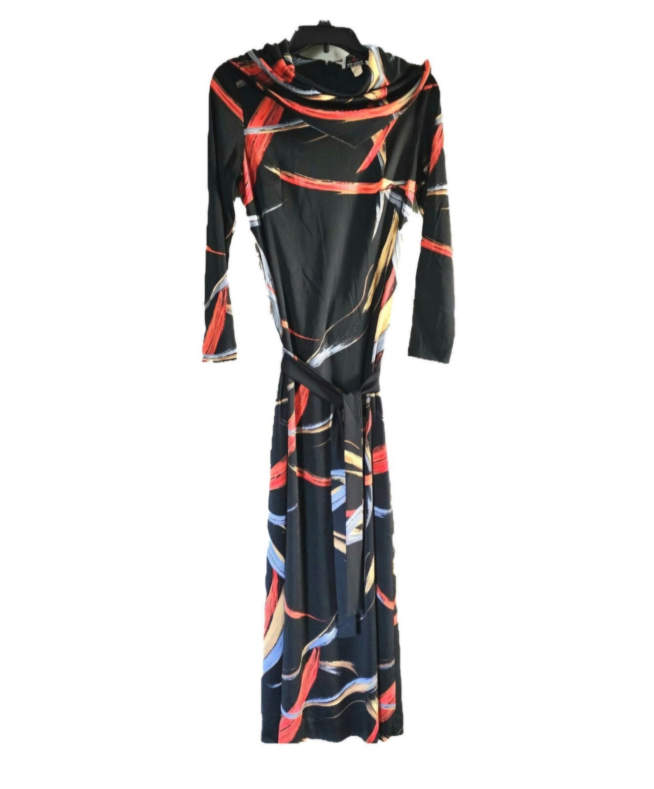 70’s Long Dress, Abstract Pattern, Cowl Neck, Black, Red, ILGWU, 38″ Bust