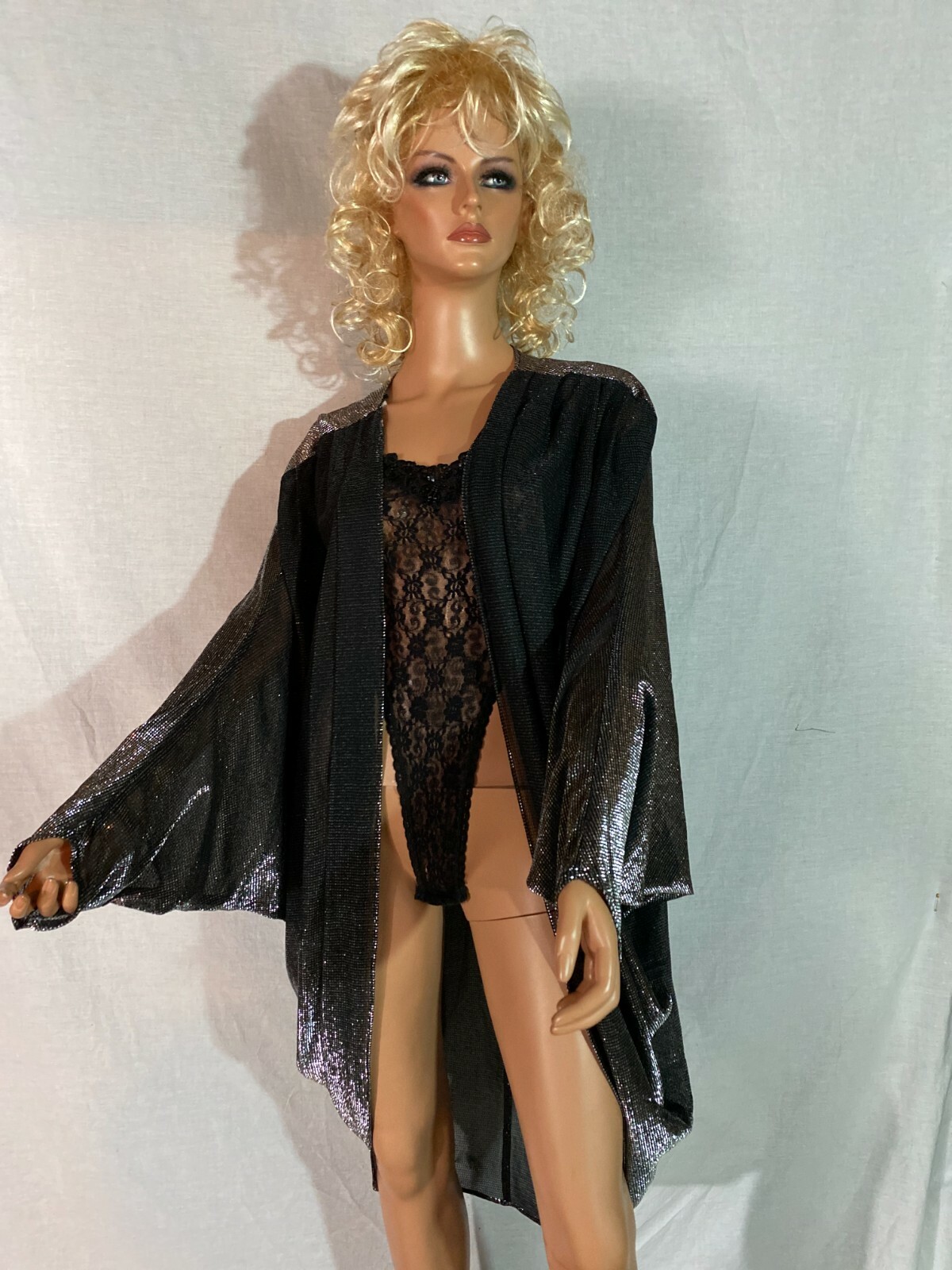 VTG 80s SOHO Black Silver Metallic Cardigan Draped Jacket Batwing Cocoon 1 Sz R