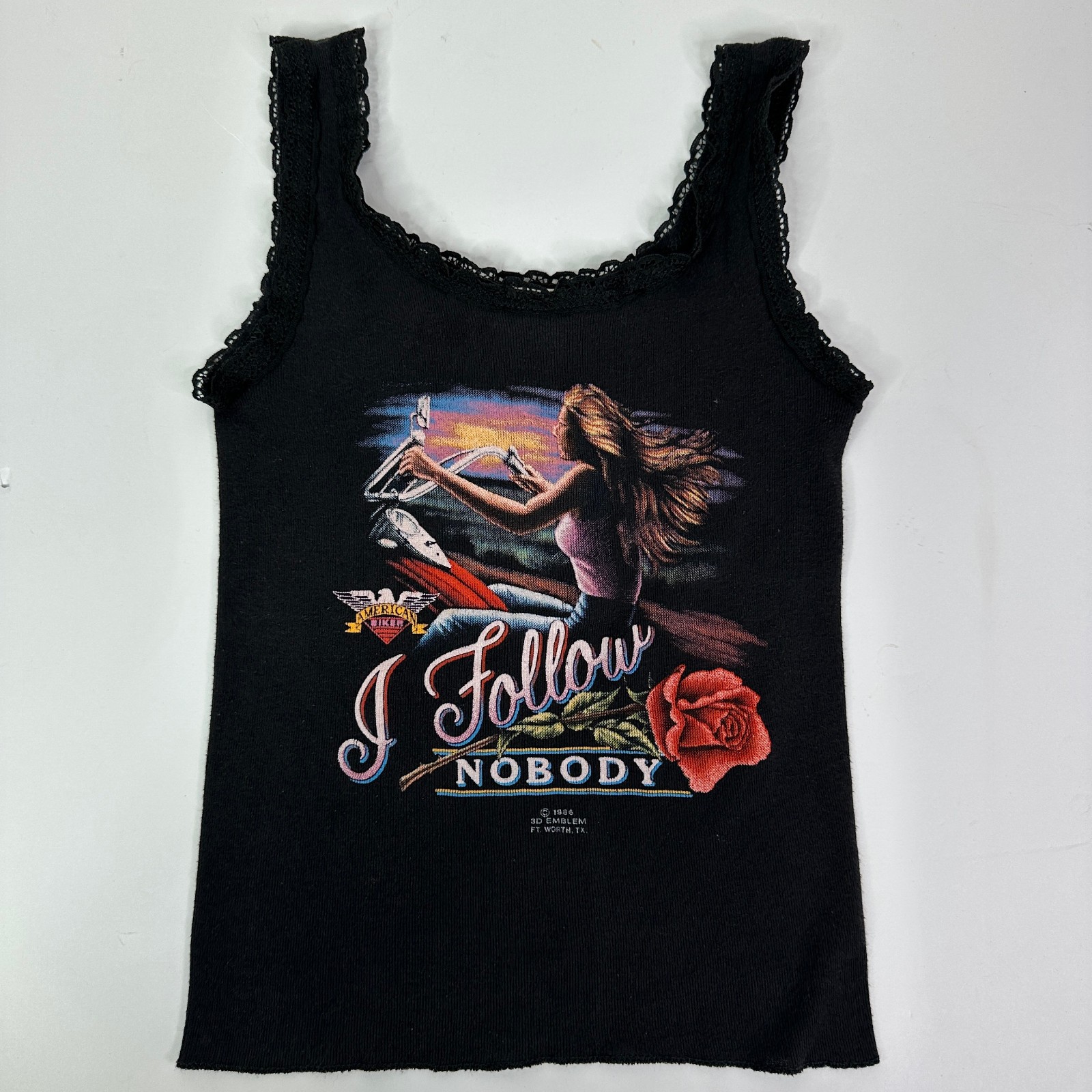 Vintage 3D Emblem American Biker Lace Tank Top Womens Medium I Follow Nobody 80s