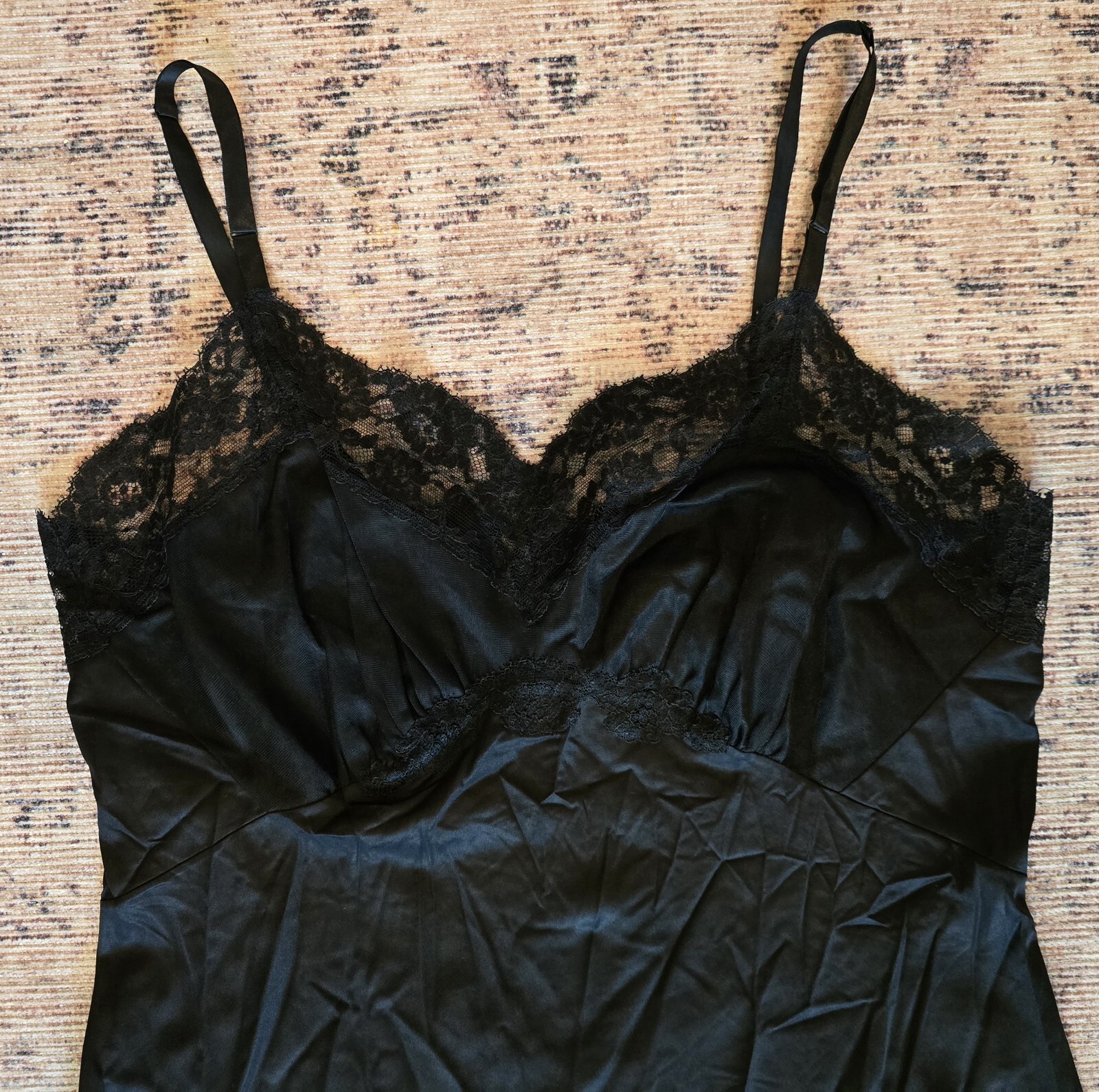 Vanity Fair Full Slip Black Tricot Nylon Lace Old Tag USA Vintage 34 T