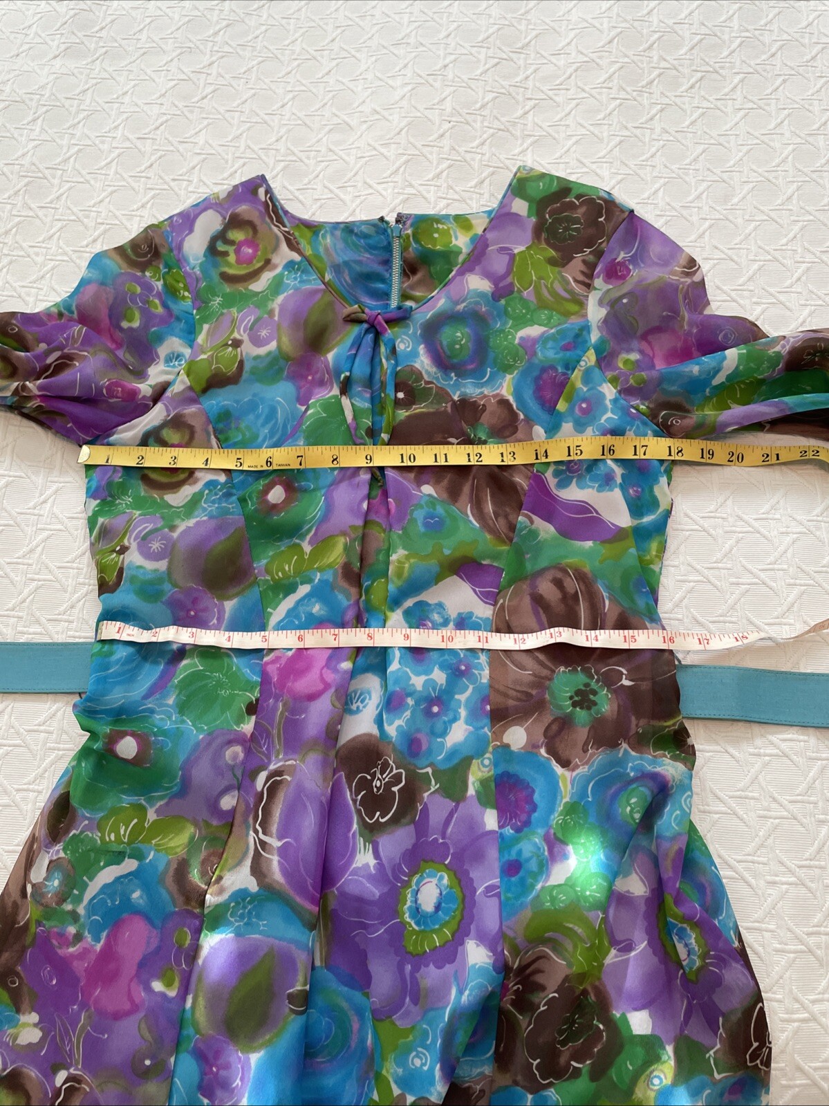 Vintage Floral Gown Blue Green Watercolor Chiffon Dress 60s 70s Size: XS S