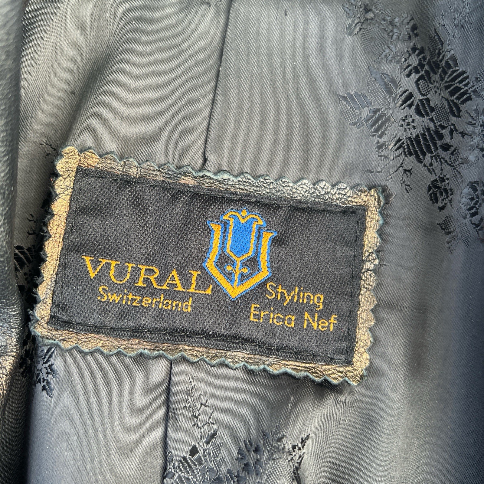 Vtg Leather Jacket Vural Styled By Erica Nef,Brown Gold, Abstract Leaf Pattern M