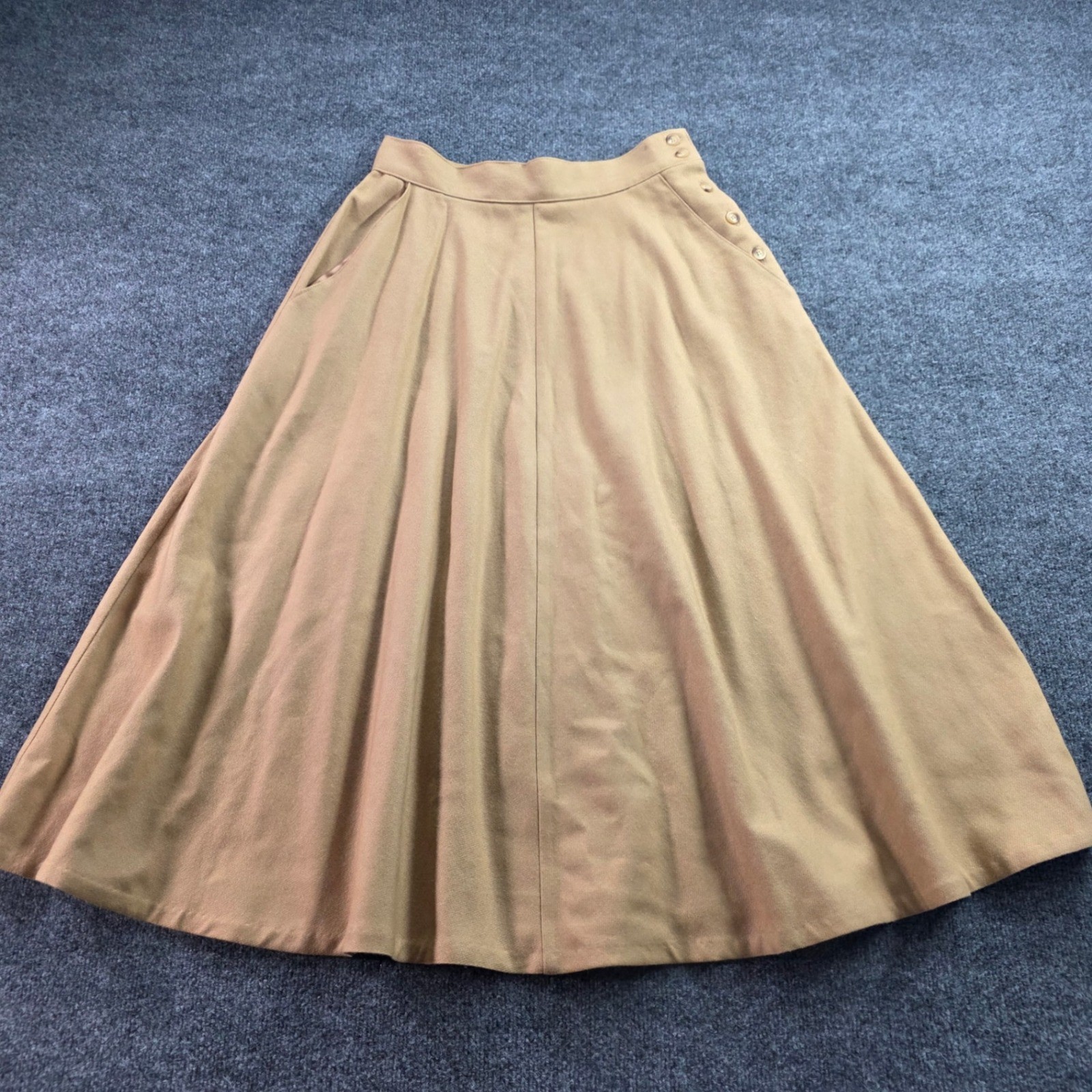 Russ Vintage Midi Skirt A-Line Side Button ILGWU USA Made 14 Camel Tan Wool