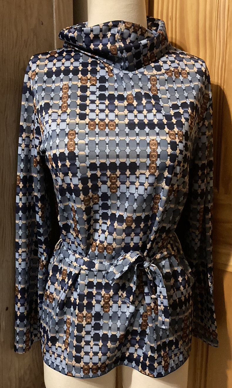 DONNKENNY Turtleneck Blouse With Matching Belt geometric mosaic MOD 1970s VTG
