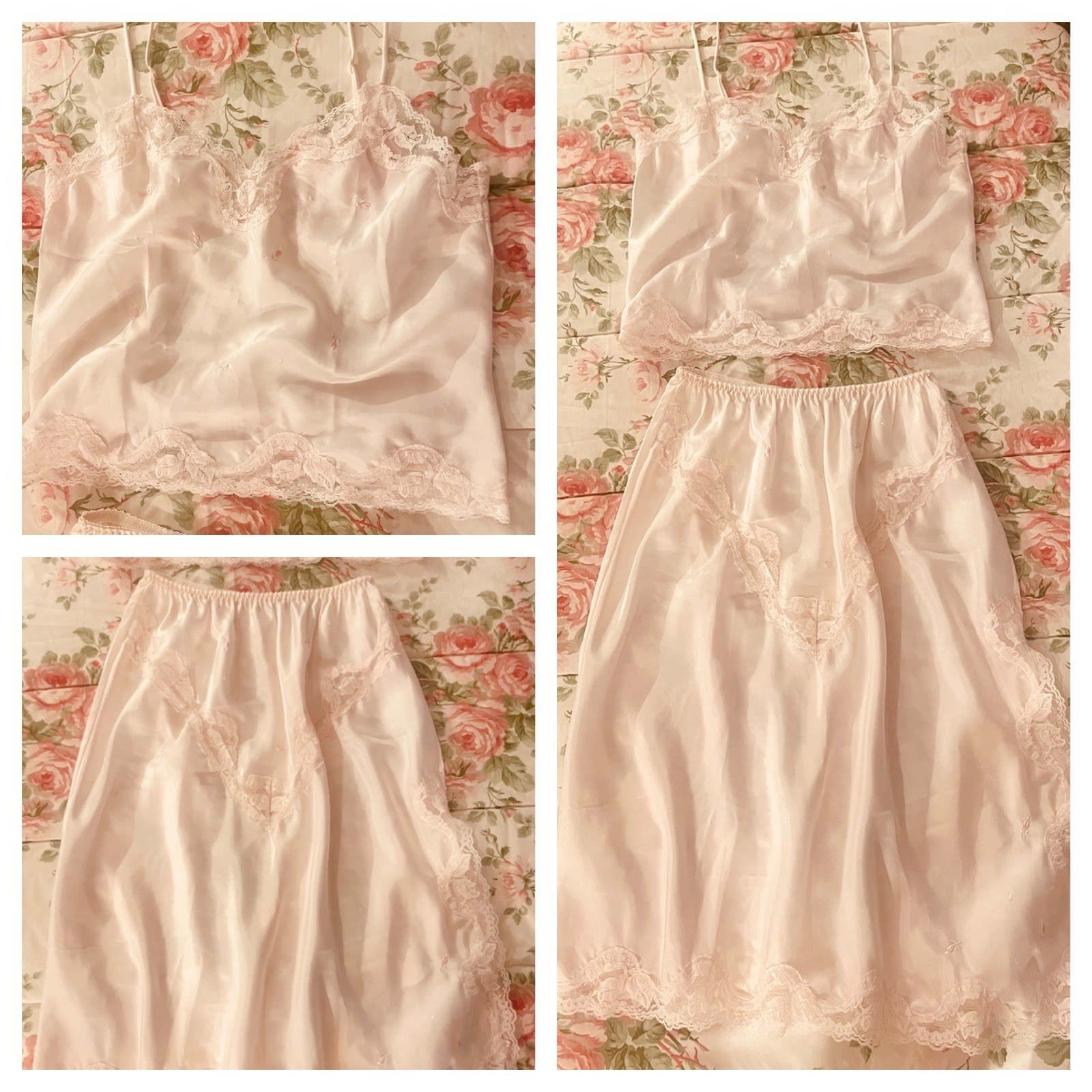 Vintage Barbizon Intimate Silky Camisole & Slip Pink w Lace & Embroidery Sz M