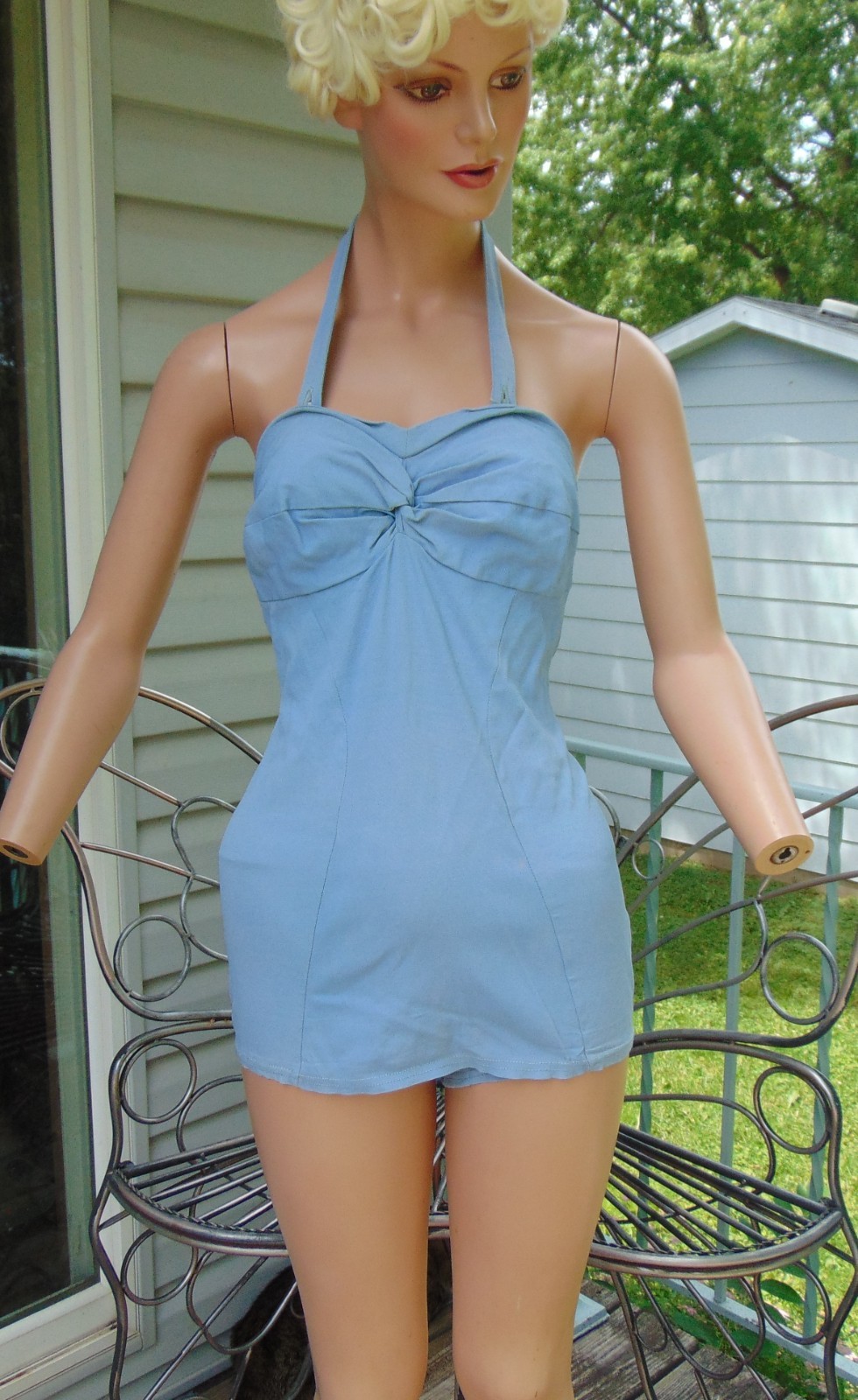 VTG 1940s Styled by Nanina Baby Blue Ruched Halter Bathing Suit sz 38